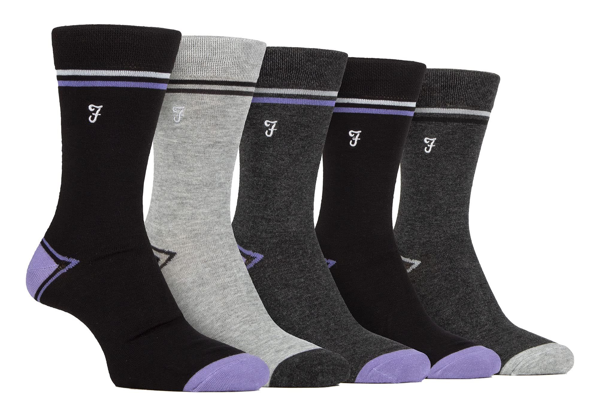 Farah - Mens 5 Pack Natural Organic Bamboo Bright Striped Patterned Socks (6-11, Black/Purple)