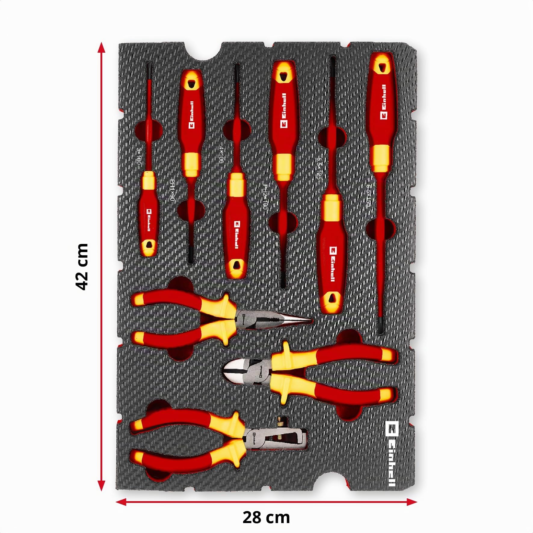 Original Einhell E-Case Pad 9 pièces outils électricien (isolation testée IEC 60900, set de tournevis, pince coupante, pince à dénuder, pince à bec long, système E-Case)