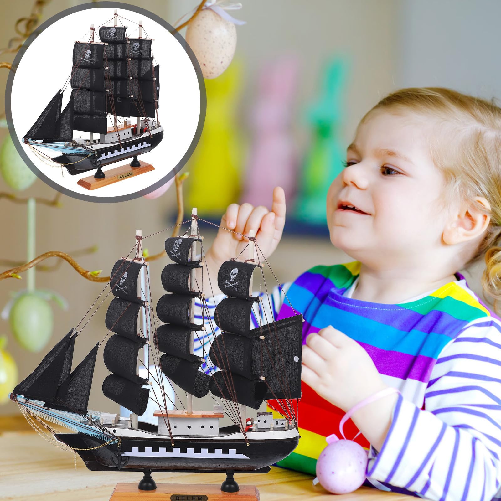 WOONEKY Modello di Barca a Vela Pirata in Legno Nero 33cm per Decorazioni Nautiche Uniche per Vacanze Estive e Arredamento Casa