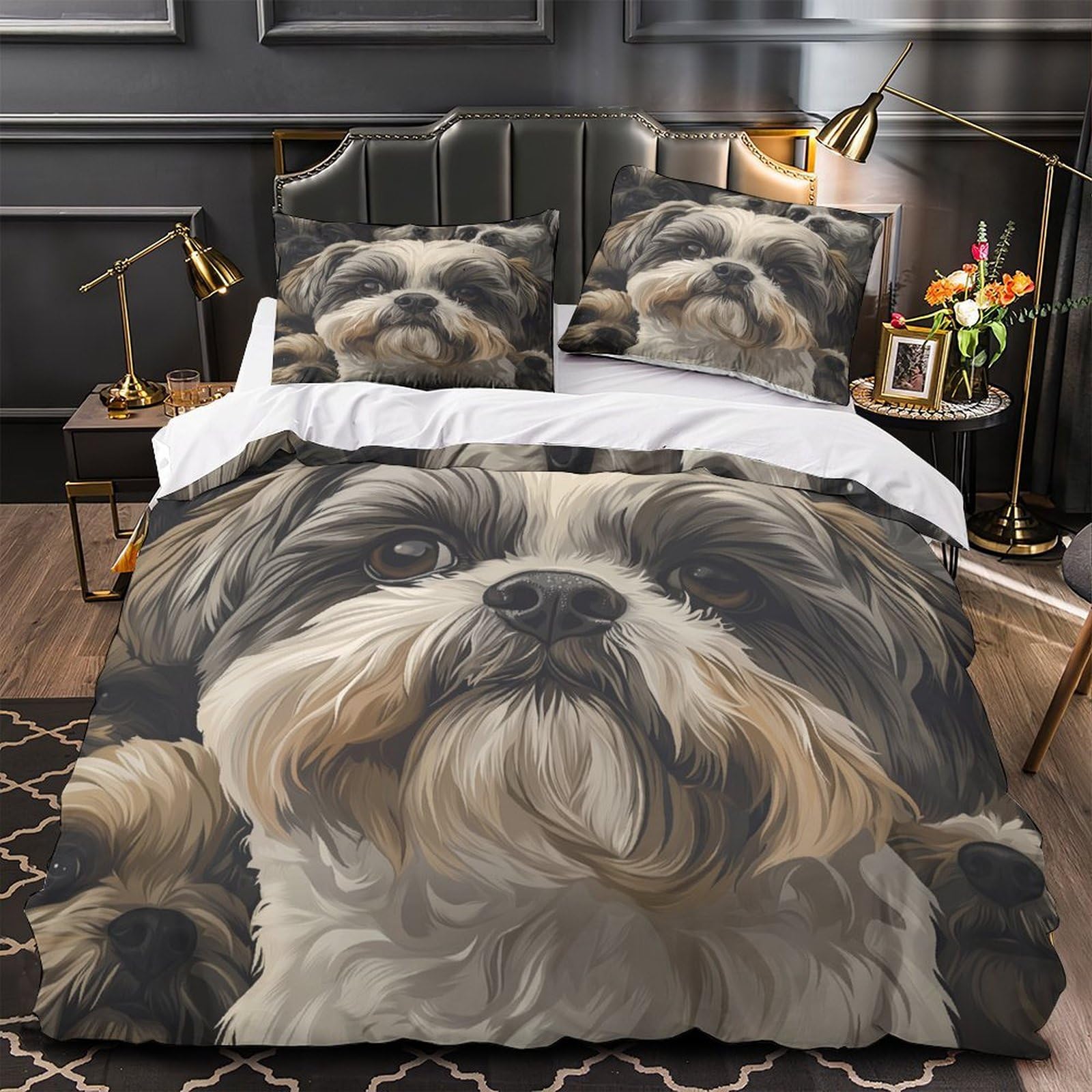 YVASPQRTW Shih Tzu dogs 3D Printed Quilt Cover 3pcs Microfibre Anti-Fade Breathable Light Artistic illustration Comforter Cover 2 Pillowcases Zip Closure Bed Set Teenagers Adults Double（200x200cm）
