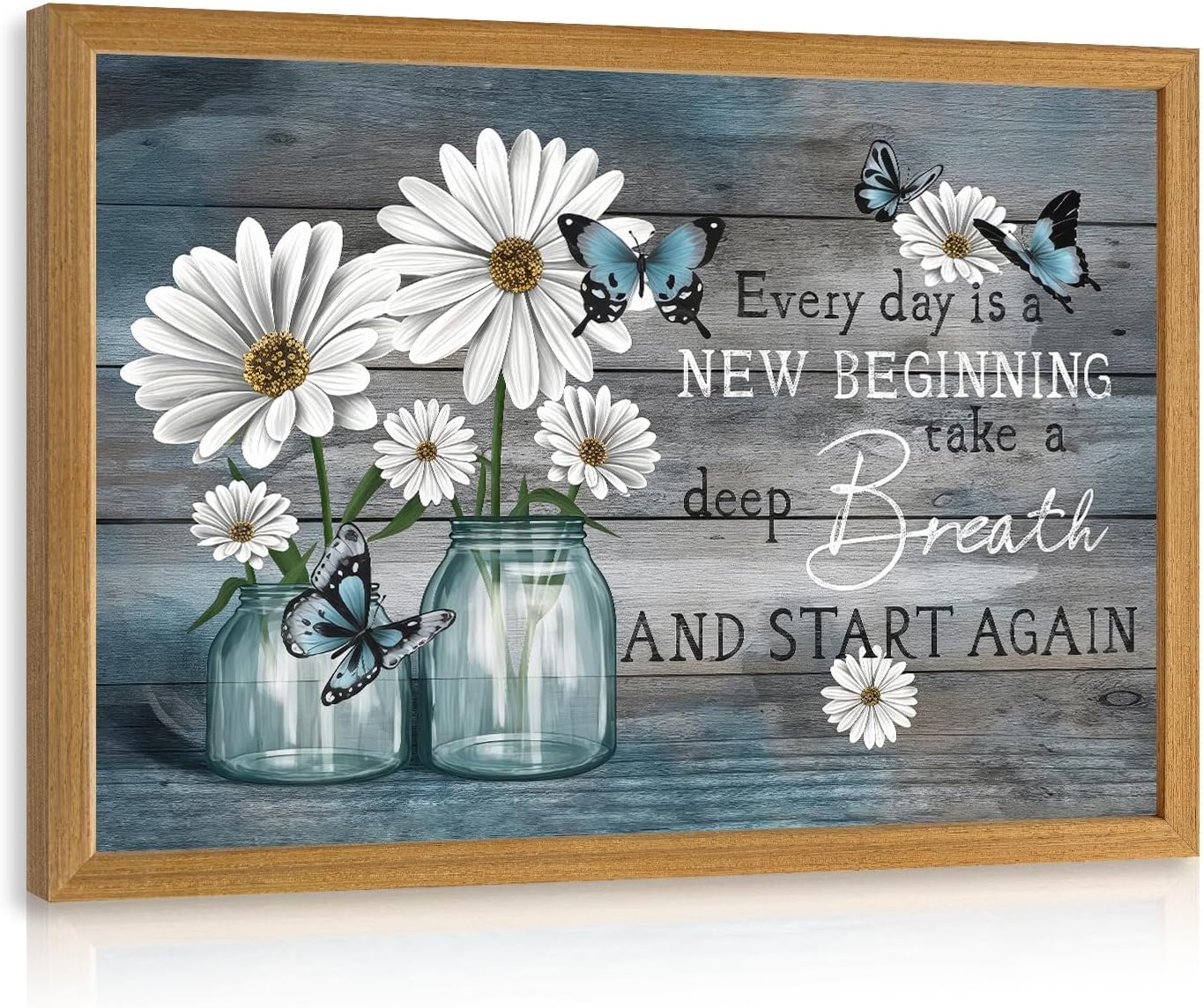 LLEEMPI White Daisy Vase Wall Art, Blue Butterfly Wall Decor, Inspirational Quote Canvas Painting, Rustic Farmhouse Poster Print for Bathroom Bedroom Hallway Dining Room Wood Framed 12x16 Inch