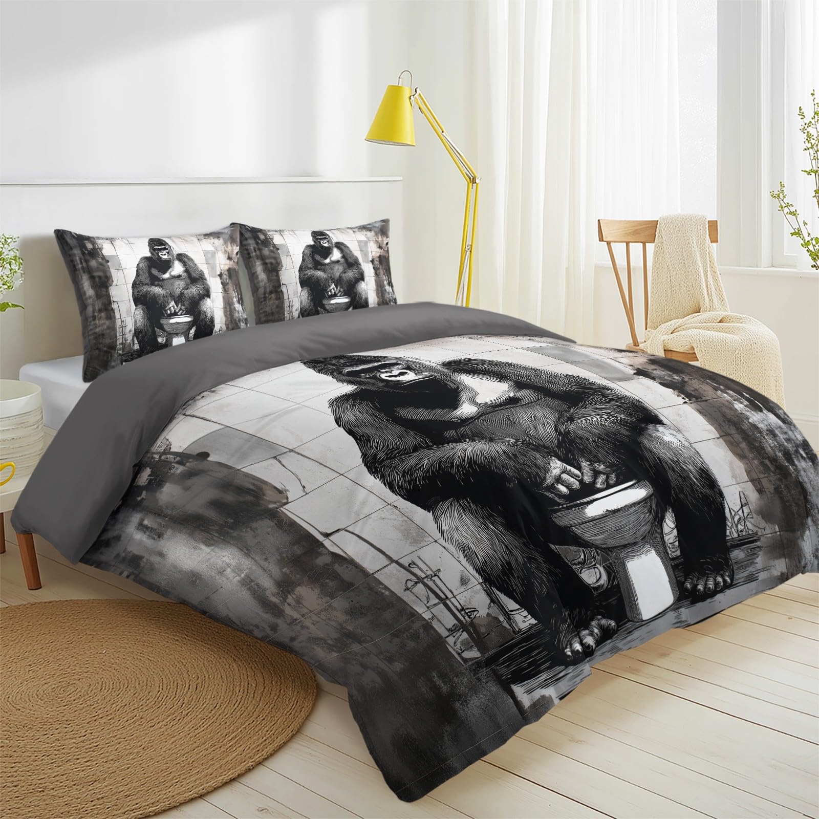 Générique Humorystyczna poszwa na kołdrę goryl surrealistyczne miejskie ruiny zwierzęta zestaw pościeli zestaw pościeli dzieci dorośli 260 x 240 cm z miękką poszewką na poduszkę Dekoracja sypialni