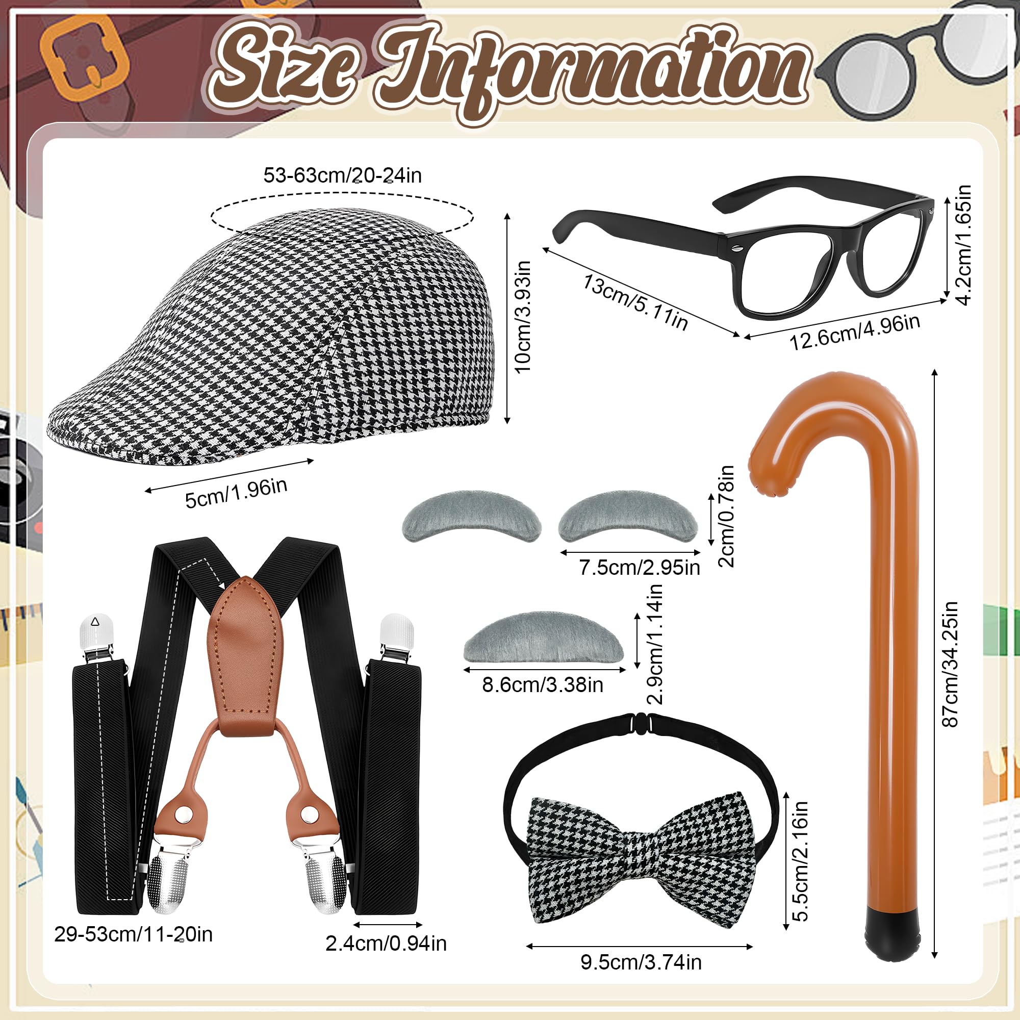 8 Pcs Old Man Costume Set for Kids Grandpa Fancy Dress Set Old Person Costume Accessories with Beret Inflatable Cane Suspender Tie Glasses Fake Beard Eyebrows for Halloween Party Cosplay Dress Up - Image 4