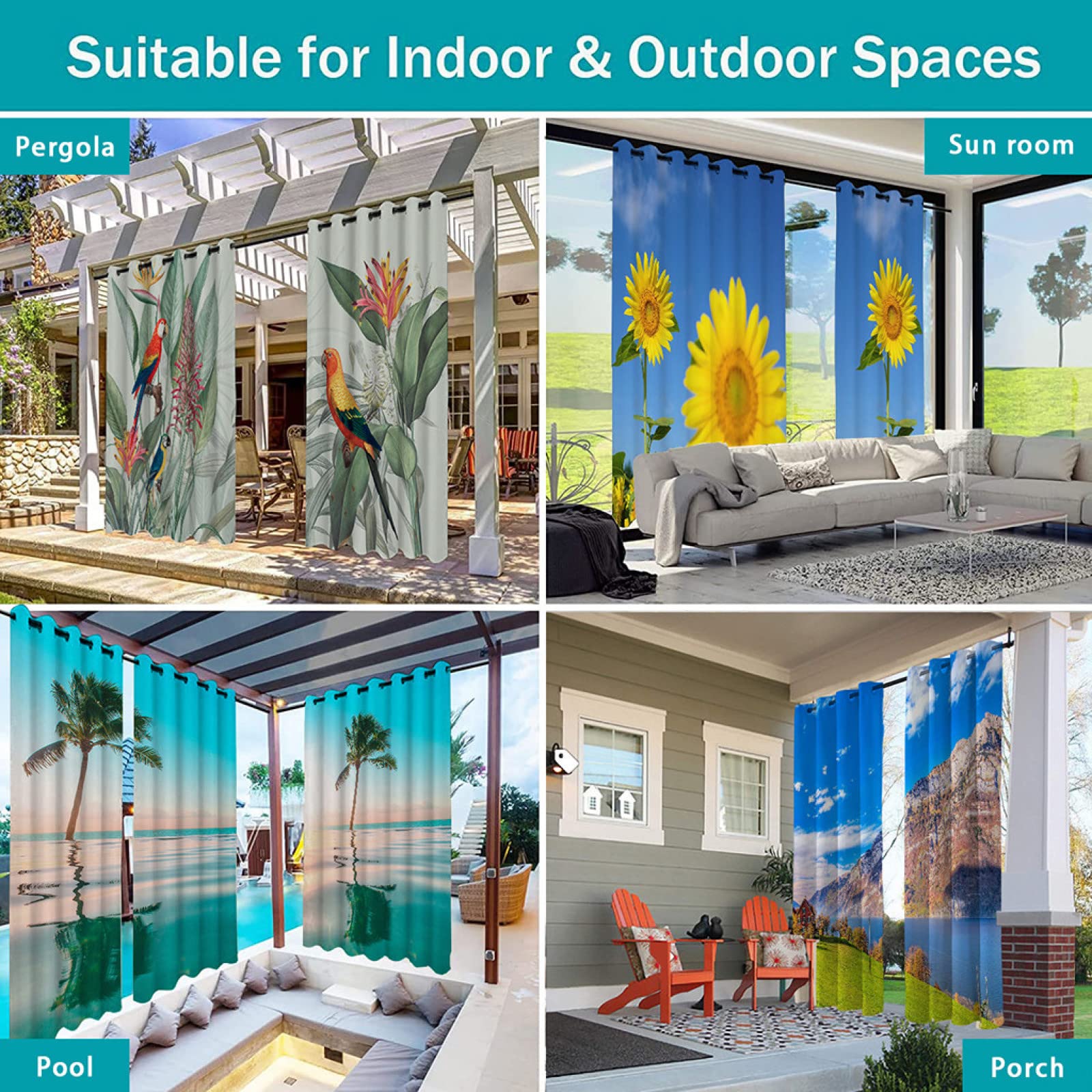 3D Rideaux d'extérieur Imperméable, Rideau Occultant Thermiques Rideau Exterieur Terrasse Rideau pour Pergola Tonnelle Cabane Jardin, 2 Pièces 132 x 213 cm, Mer Coucher de Soleil 4