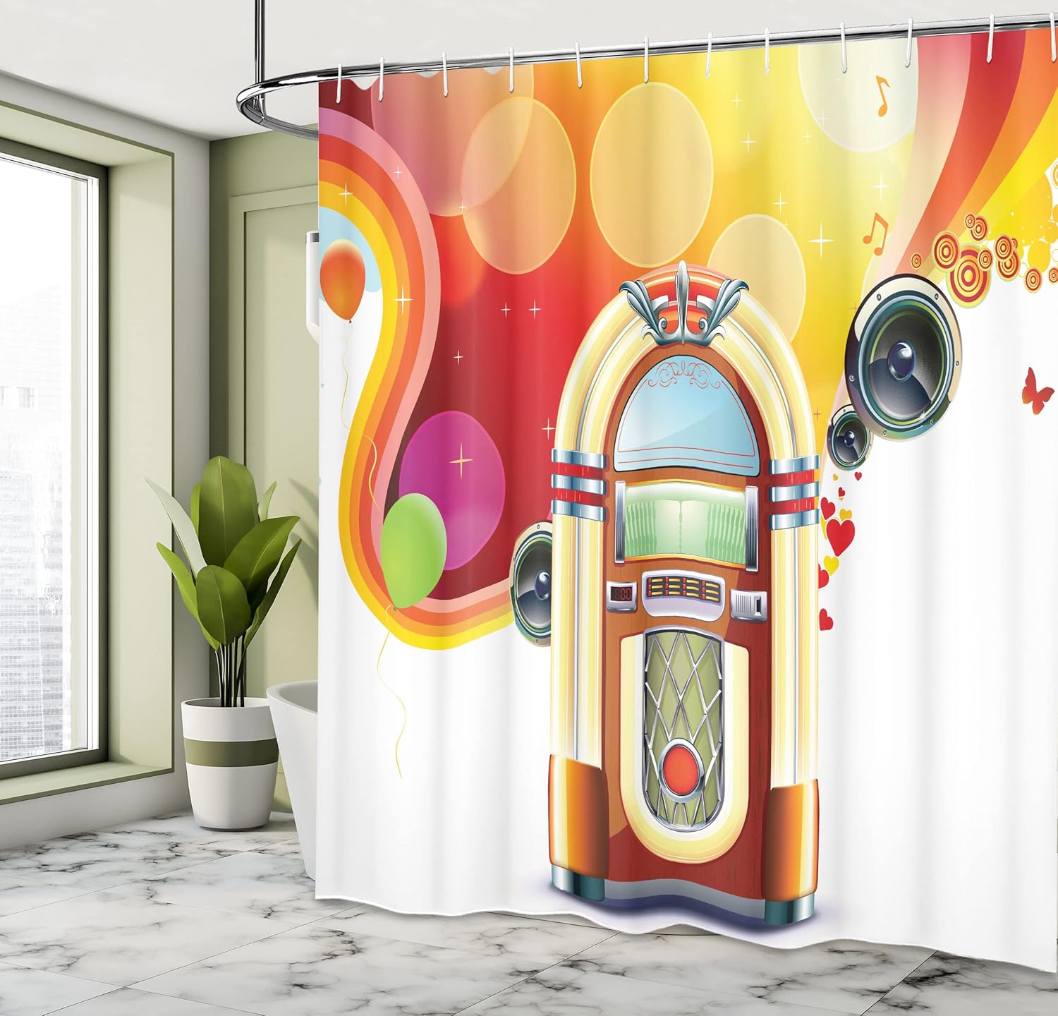 Ambesonne 1950s Shower Curtain, Party Abstract with Detailed Classic Juke Box Celebration Colored Cheerful Fun Event, Cloth Fabric Bathroom Decor Set with Hooks, 69" W x 75" L, Yellow Red