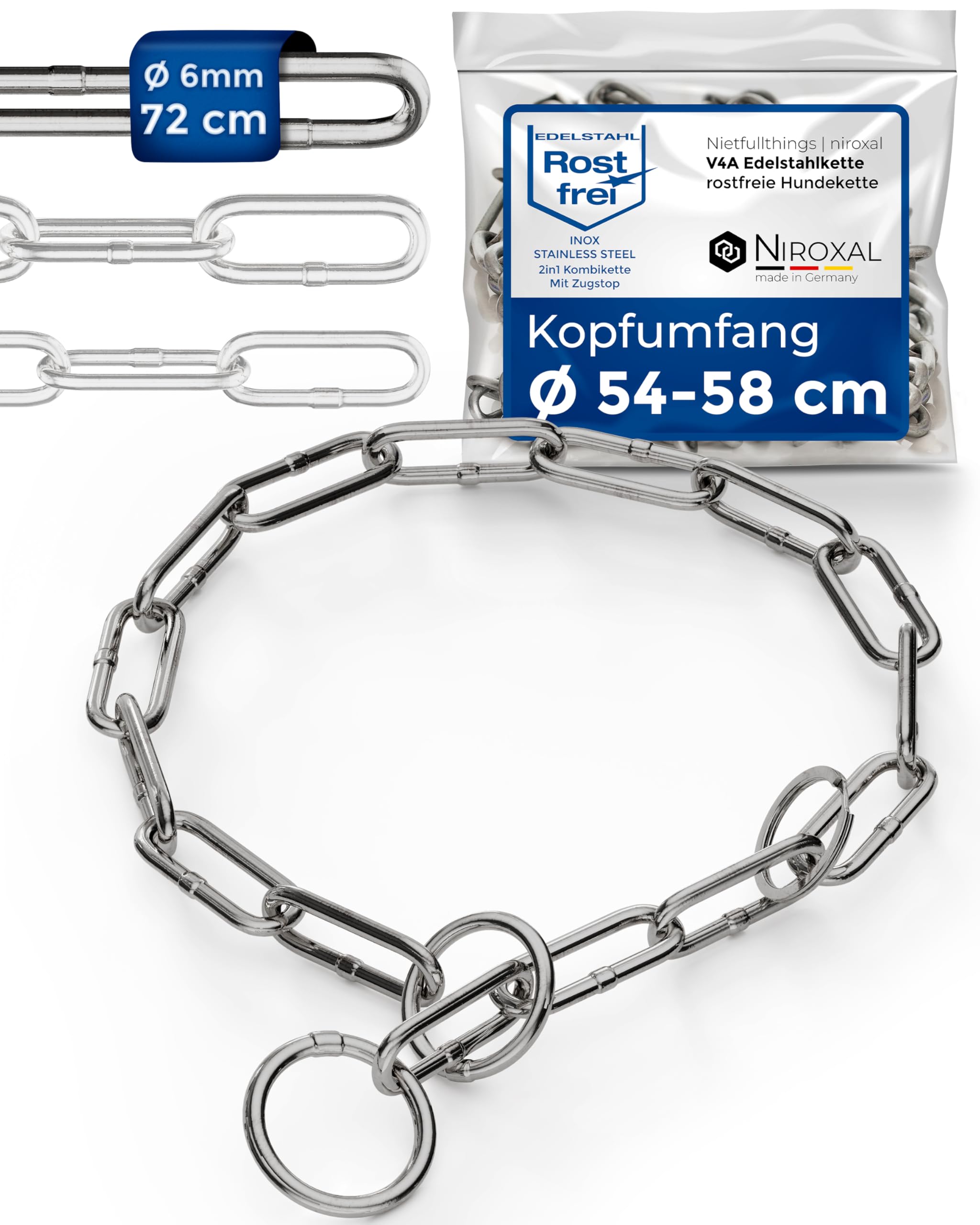 Kettenwürger für Hunde mit Kopfumfang 54-58 cm aus Edelstahl V4A Hundekette mit Zugstop Kettenhalsband langgliedrig 6mm dick und 72 cm Gesamtlänge