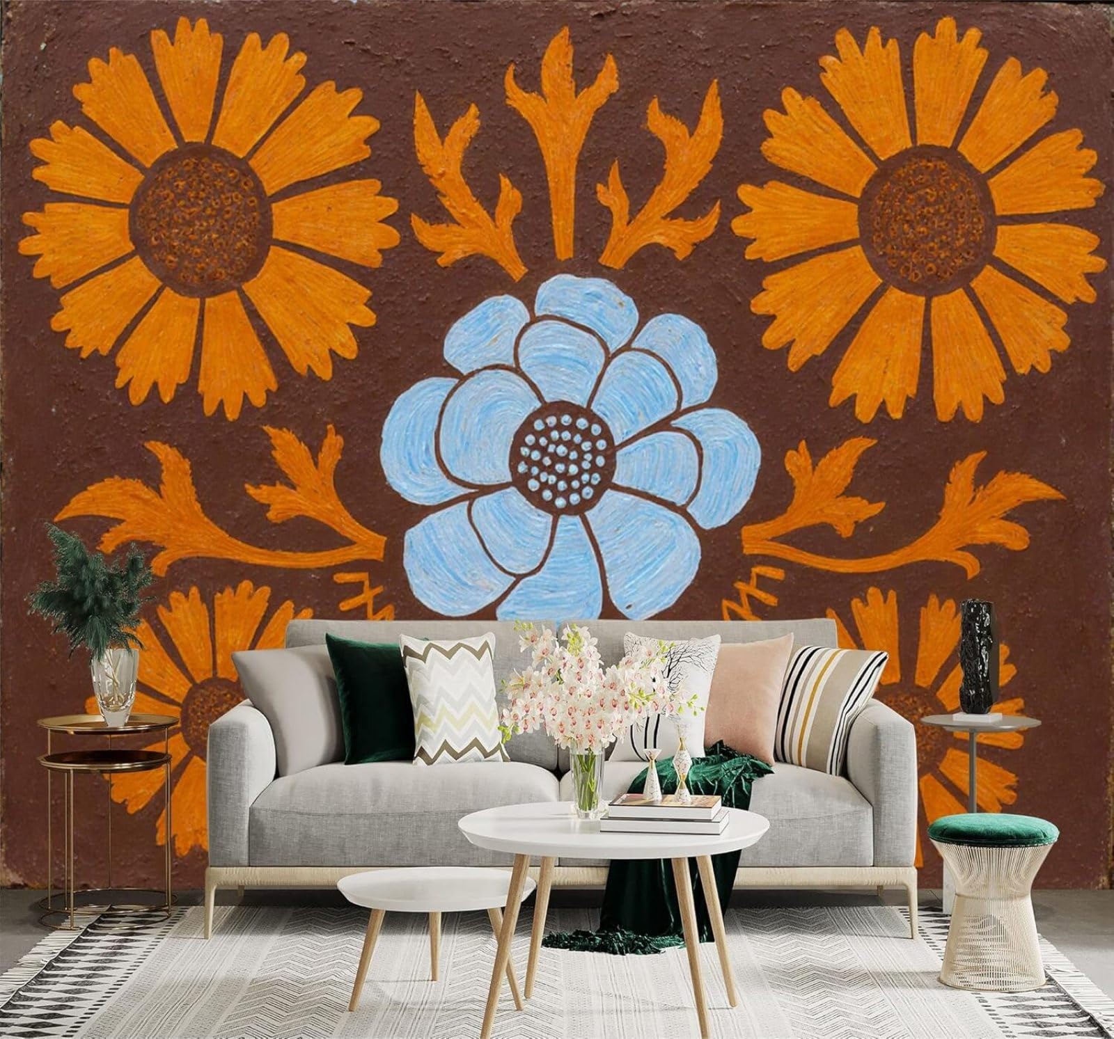 XLMING Blue and Orange Flowers Patterns Art Style 3D Wallpaper Silky Texture Home Study Office Grey Dining Room Sofa Bedroom Living Room TV Backdrop-430cm×300cm