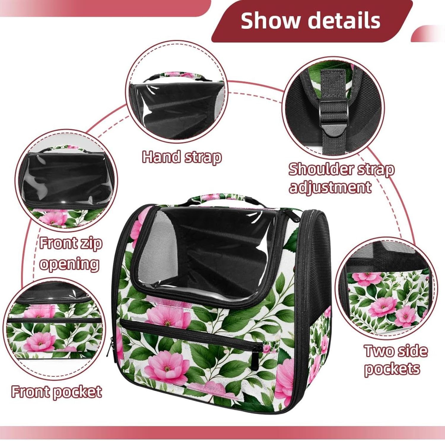 Pink Flowers with Leaves Pet Carrier Airline Approved Soft Sided Portable Cozy Travel Pet Bag, Car Seat Safe Carrier for Cats and Dogs