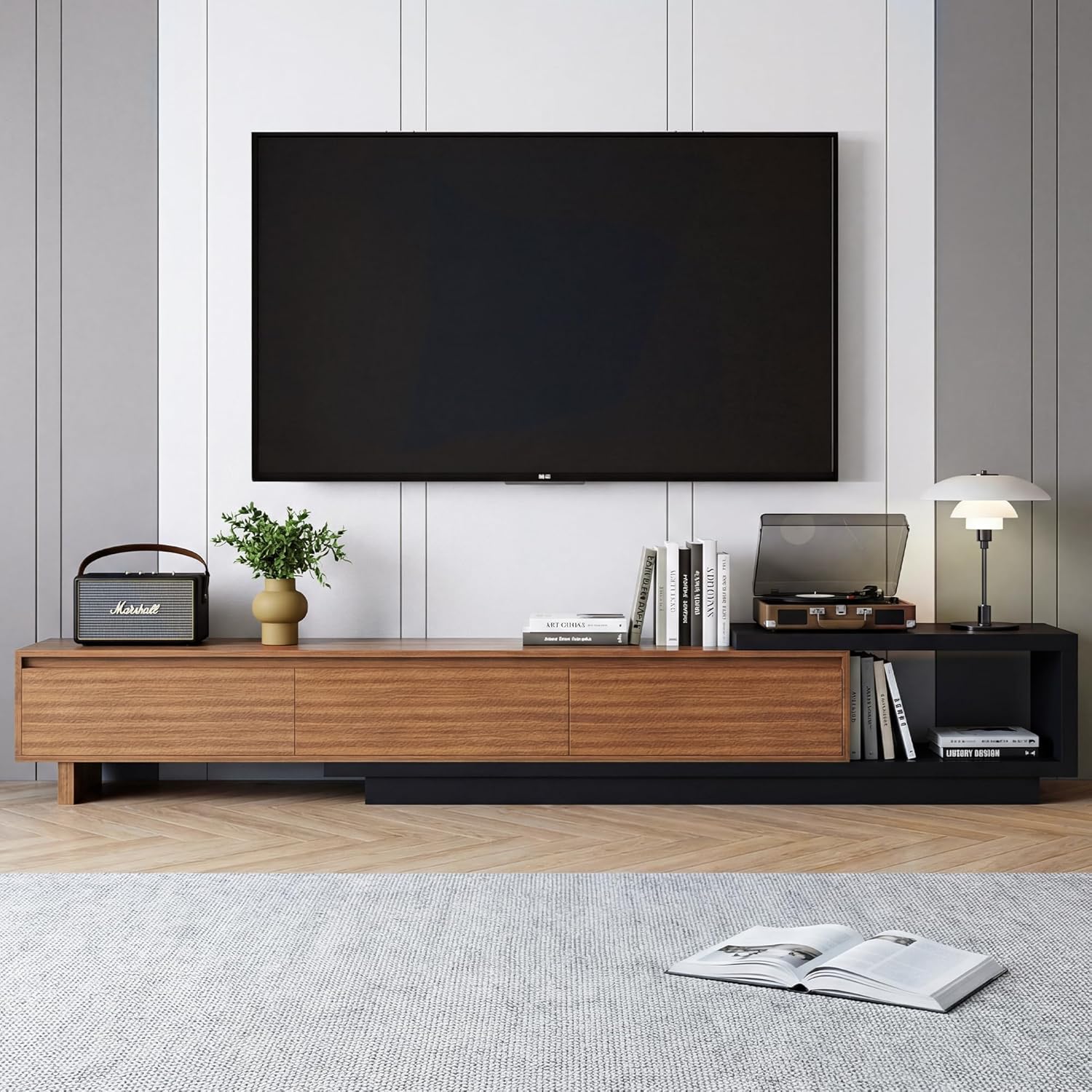 78.7–130" Extendable TV Stand with 3 Drawers - Mid-Century Modern Adjustable Entertainment Center, Perfect for Living Room, Walnut