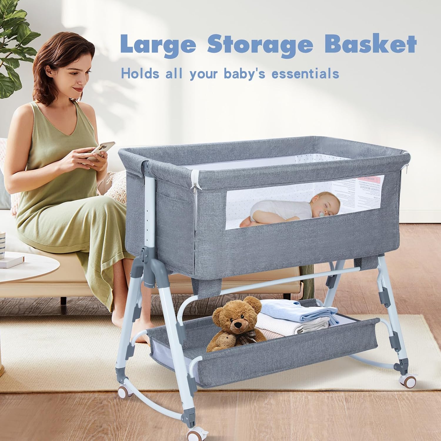 3 in 1 Bedside Bassinet, Newborn Baby Bassinet with Wheels, Baby Bassinet Bedside Sleeper, Crib