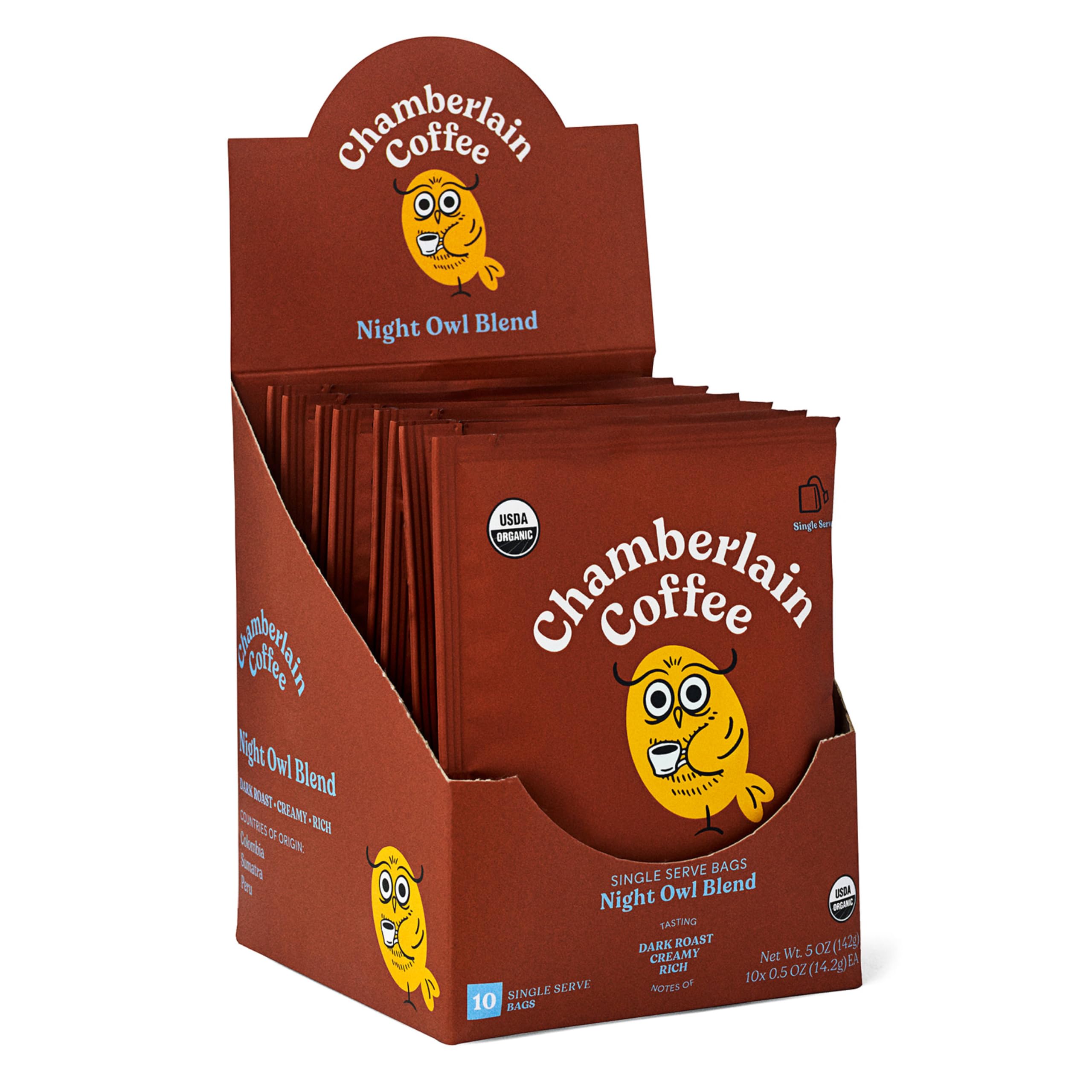Chamberlain Coffee Night Owl Blend Cold Brew Singles - Dark Roast Organic Coffee Single Serve Bags with Notes of Rich Dark Chocolate, Honey & Toasted Walnuts - 10 Single Serve Cold Brew Sachets