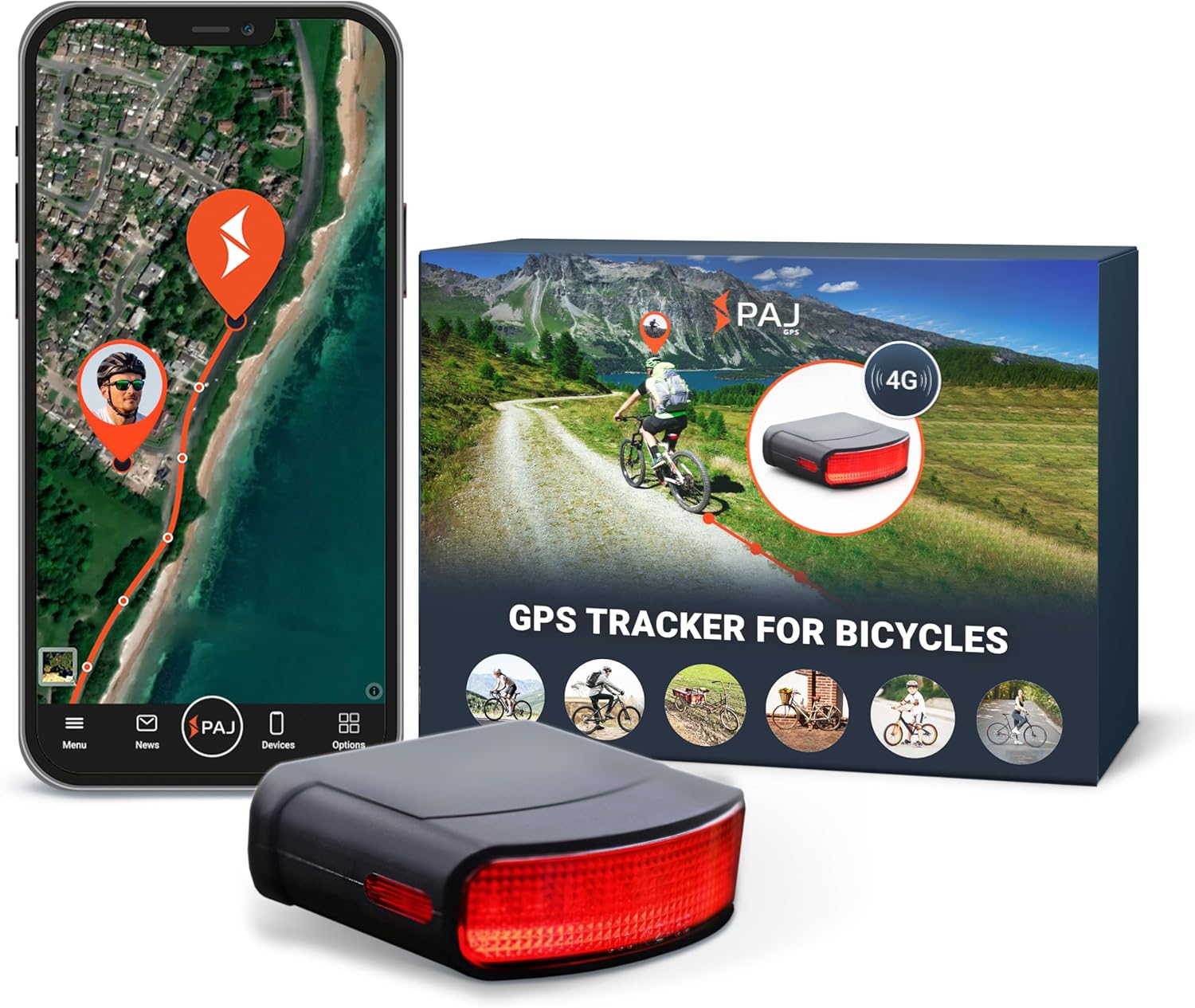PAJ GPS Tracker with Rear Light for Bicycles (Incl. E-Bikes) – Real-Time 4G Tracking with Fall Alarm, Route Log & Geofence – 100% Waterproof – Up to 20 Days Battery – 3-Month Subscription Included