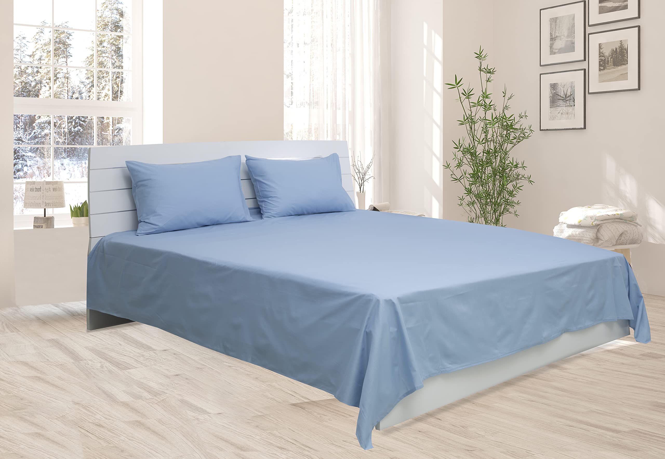 Hotel Linen Klub Flat Sheet Set - 3 Pieces, Superior Cotton Blend with 144 Thread Count, Size: Queen (240 x 260 cm) + 2 Matching Pillowcases (50 x 75 cm) for a Luxurious Sleep Experience, Light Blue