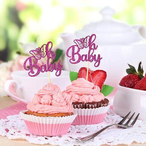 Miniatura 8 de Gyufise 24 adornos de mariposa Oh Baby para cupcakes con purpurina morada para baby shower, decoración para temática de mariposa, baby shower,