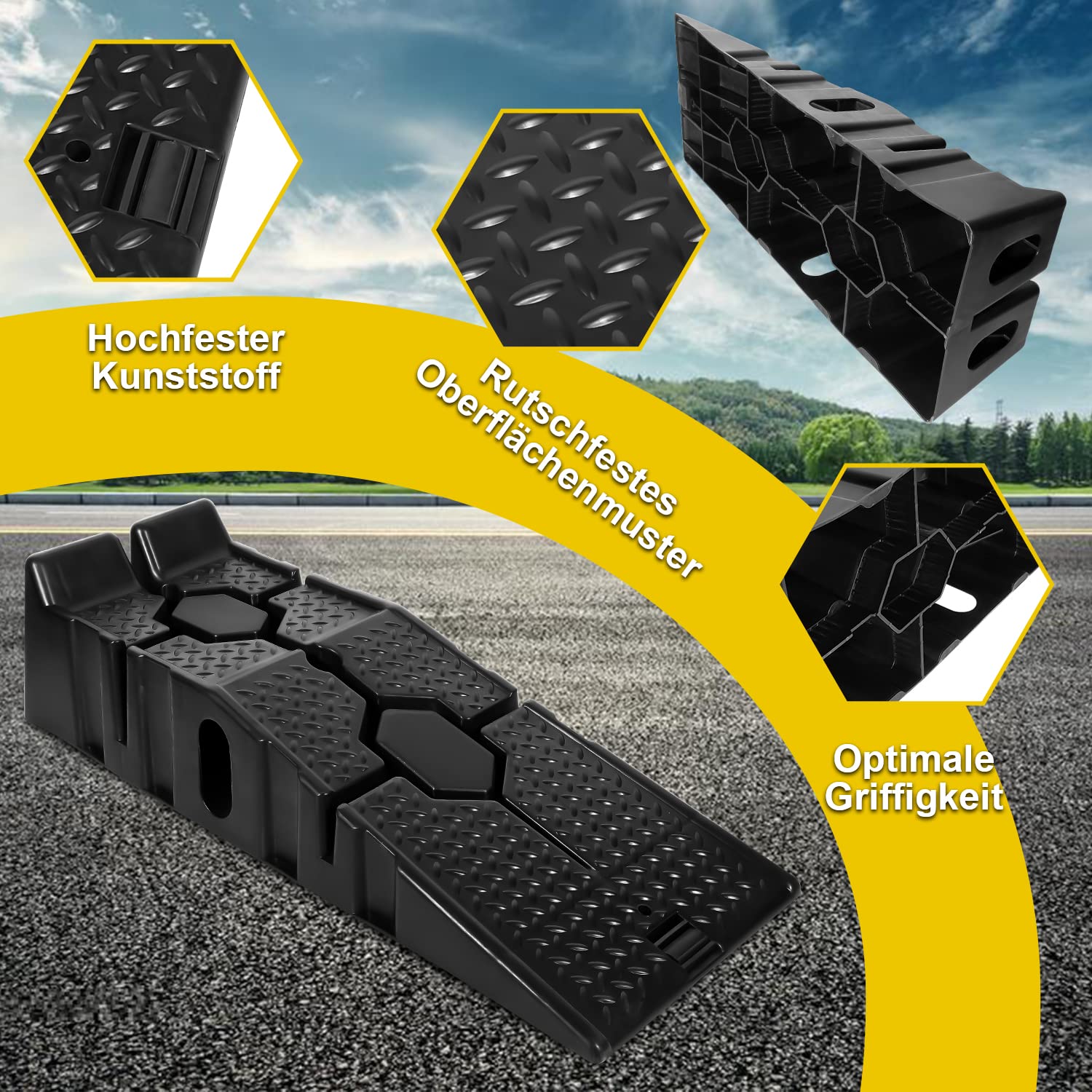 Rampa di carico in plastica da 90 cm, portata fino a 2500 kg/2,5 T, larghezza fino a 330 mm, rampa per auto con protezione da attraversamento, 90 x 33 x 22 cm