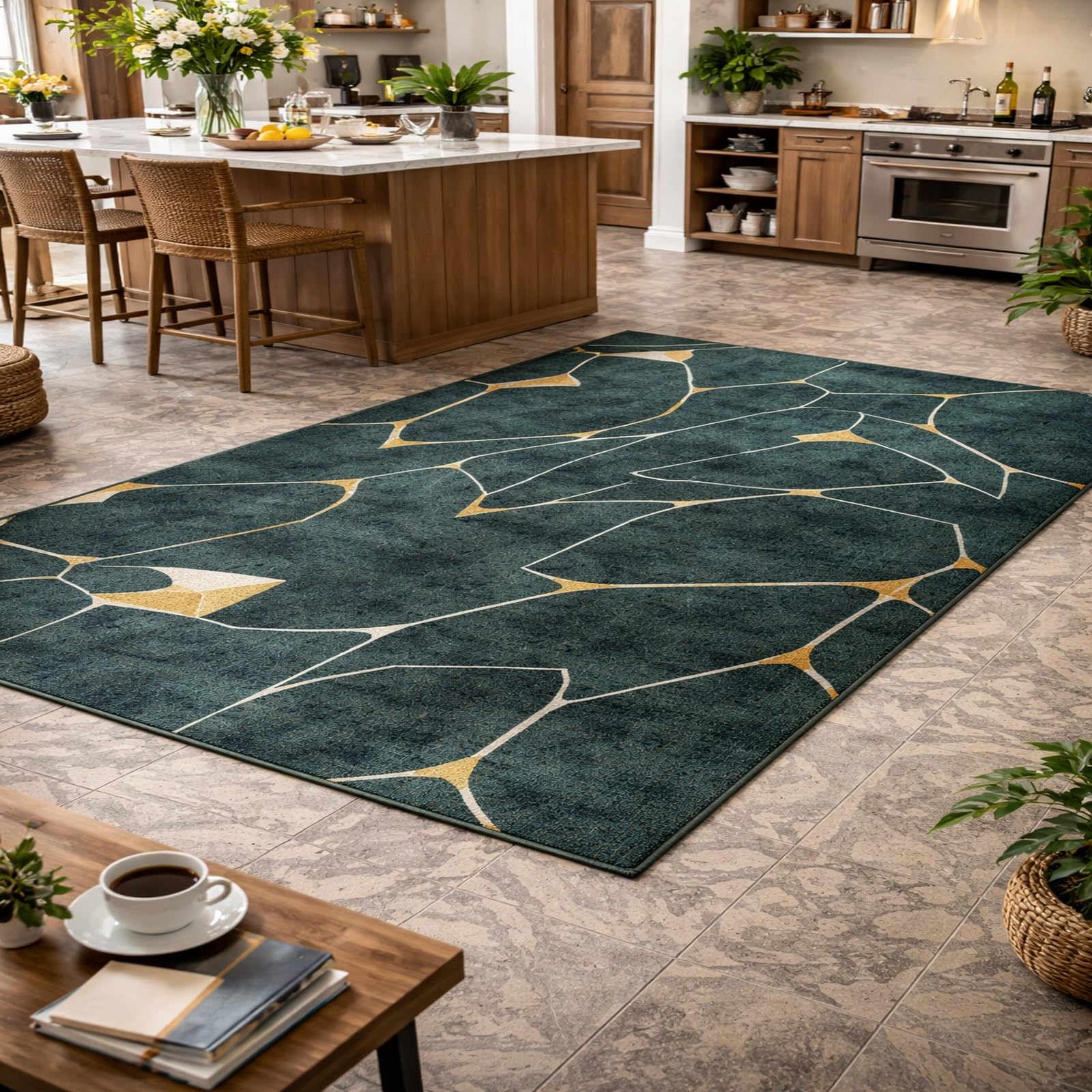 Tapis de salon et cuisine vert abstrait pour créer un espace chaleureux