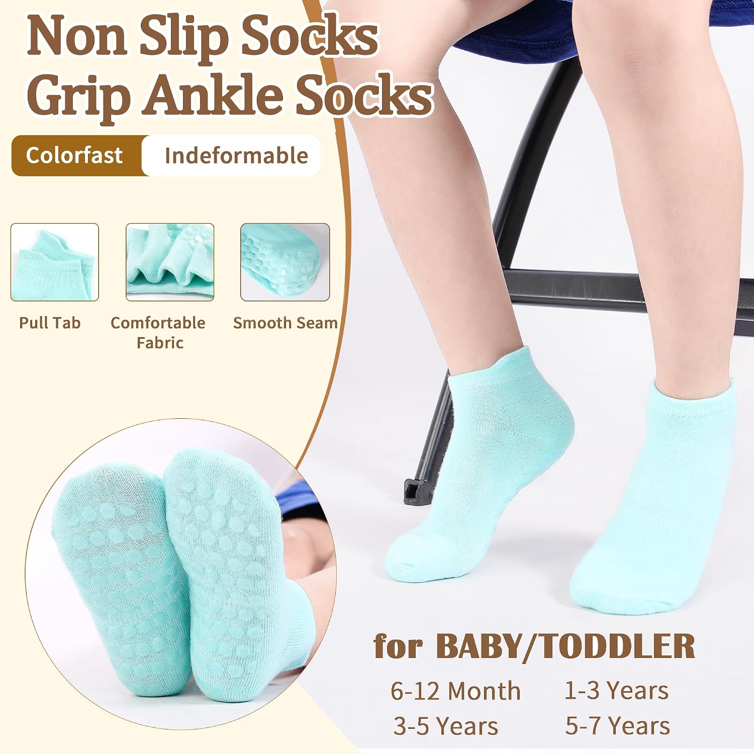 Toddler Non Slip Socks, Kids Grip Ankle Socks, Anti Skid Sock 15 Pairs for Active Boys Girls Kids 6 Months-7 Years