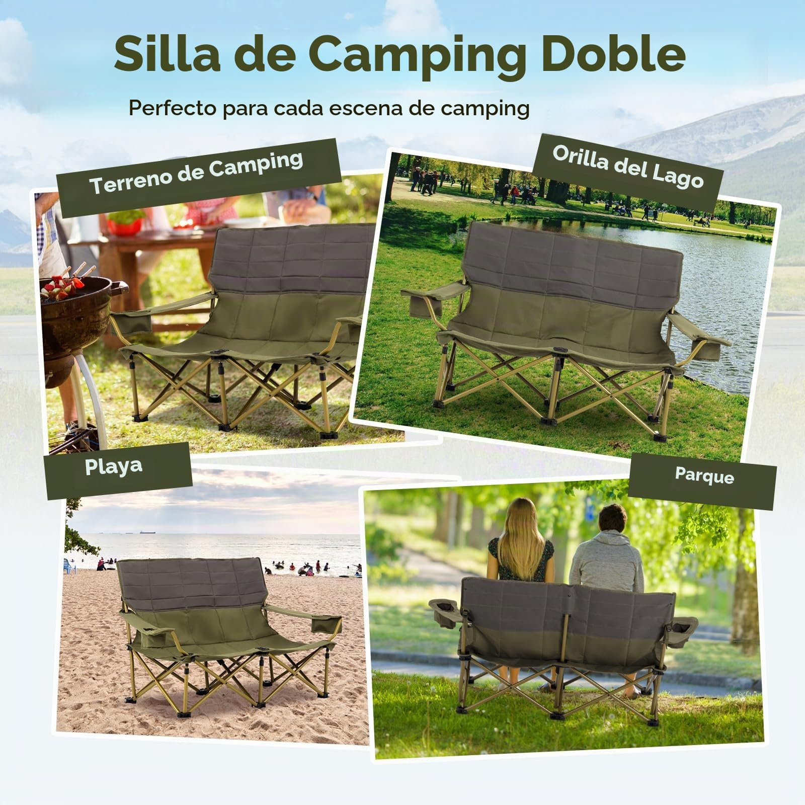 GOPLUS - Silla de camping doble, sillón de playa acolchada con portavasos, apoyabrazos ajustables, banco de camping de 2 plazas plegable para pesca, camping, picnic, playa, carga 300 kg (verde)