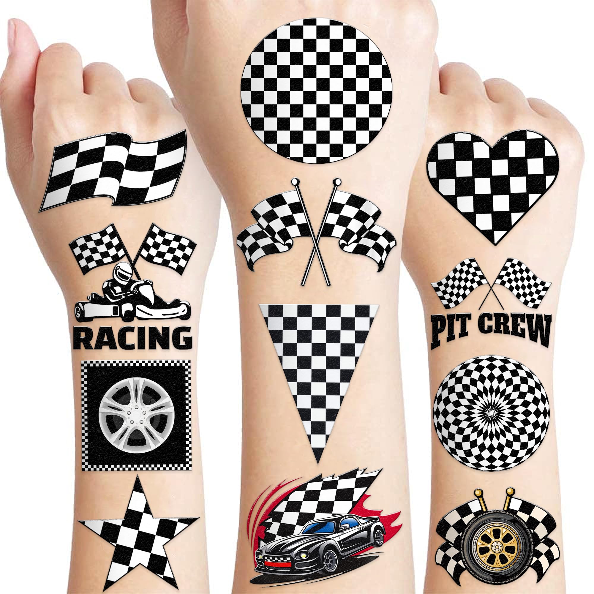 96 PCS Funny Race Car Checkered Flag Pre-Cut Black and White Temporary Tattoos Sticker Birthday Party Decorations Supplies Favors Gifts Boys Girls Men Cute Racing Fake Tattoo School Prizes (Normal)