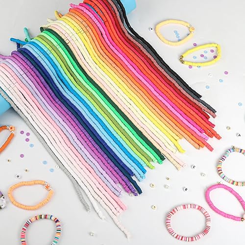 Miniatura 7 de JMUQ Kit de fabricación de pulseras de 14 hebras de arcilla amarilla, 5500 cuentas Heishi de arcilla polimérica plana para pulseras de amistad, kit