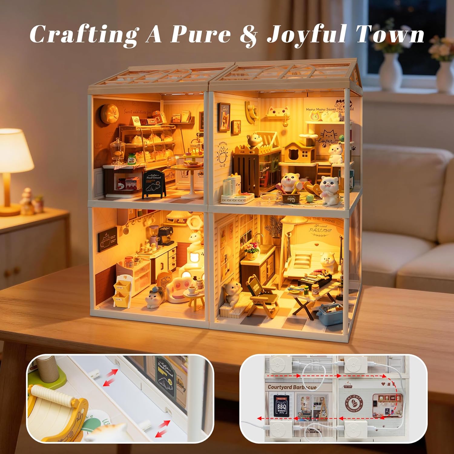 Bread Shop Miniature House Kit with LED Light, DIY Mini Dollhouse with Roof & Dust Covers for Mini Figures Tiny House Toy for Adults