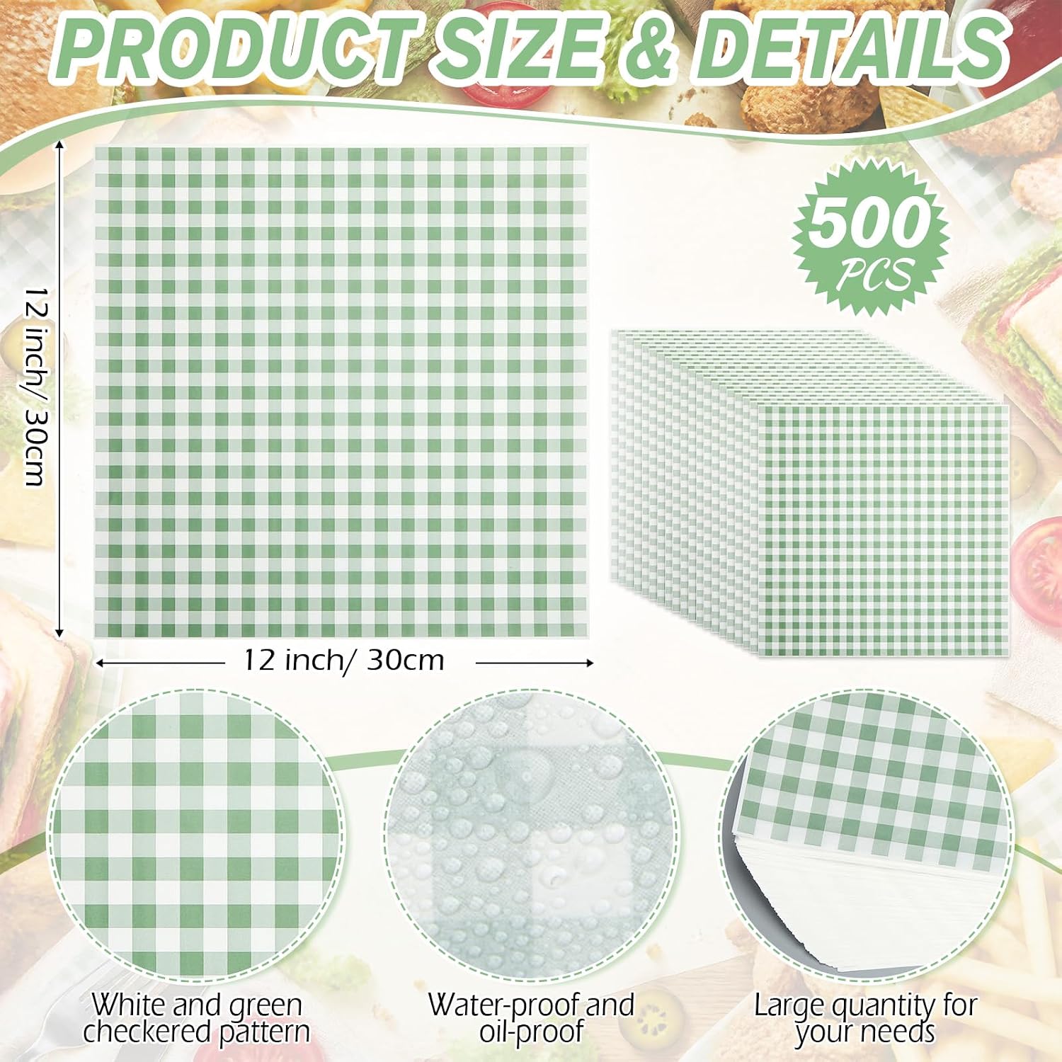 AmazingSpark 500 Pcs Sage Green Gingham Wax Paper Sheets for Food, 12" x 12" Plaid Checkered Deli Paper, Sandwich Wrapping Waterproof Food Basket Liners for Picnic, BBQ, Kitchen, Summer Party