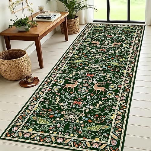 Lunasun Green Washable Floral 2x6 Runner Rug for Hallway- Stain Resistant Kitchen Runners, Botanical & Animal Indoor Floor Mat for Bathroom, Soft Non Slip with Rubber Backed