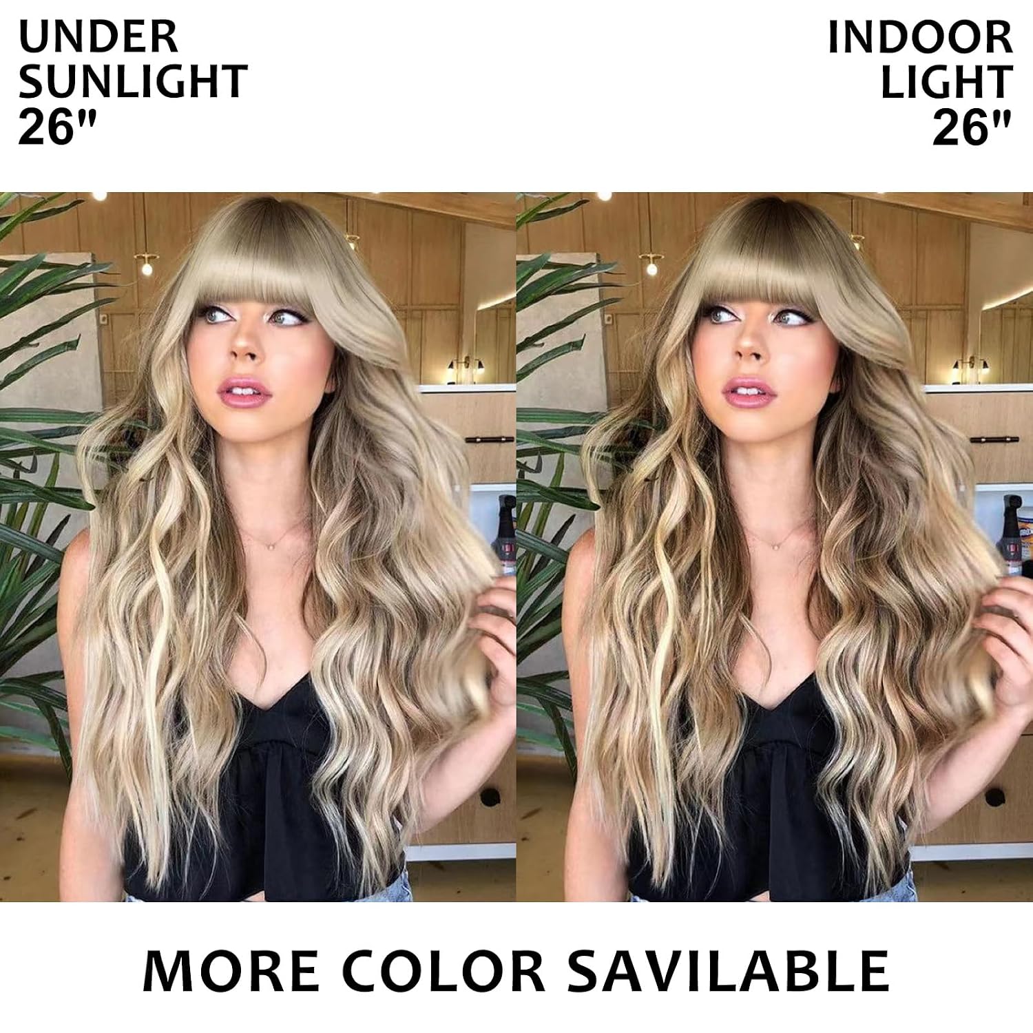 NOSTALGIA Blonde Wig with Bangs 26 Inches Long Wavy Ombre Blonde Wig with Dark Roots Synthetic Heat Resistant Wigs for Women Daily Party Use