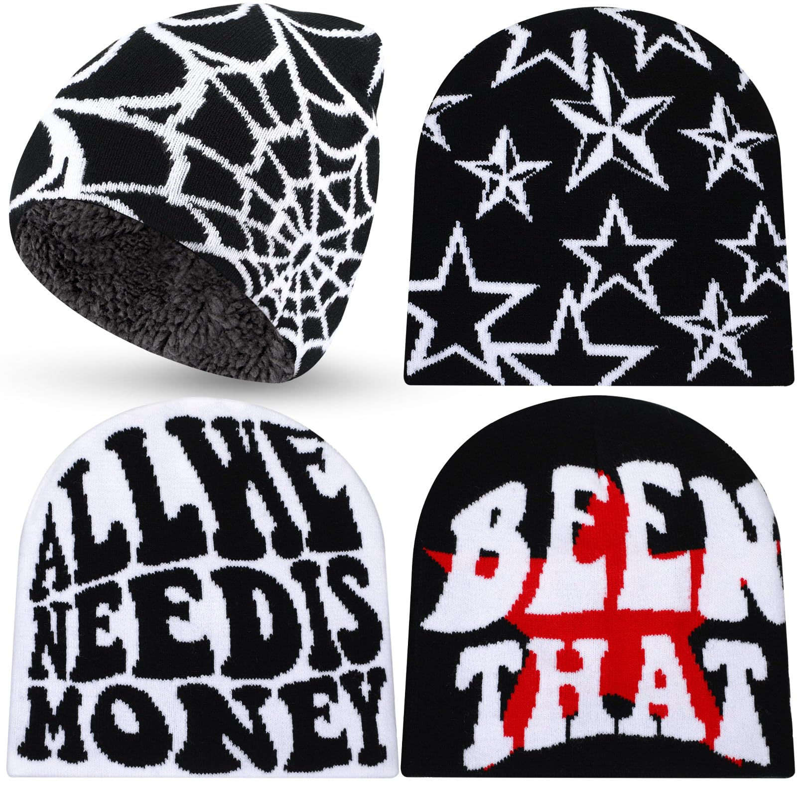 Ramede 4 Pcs Y2k Beanie - Double Sided Graphic Beanies for Men and Women, Acrylic Knitted Y2k Hats Accessories: Fleece Lined Multiple