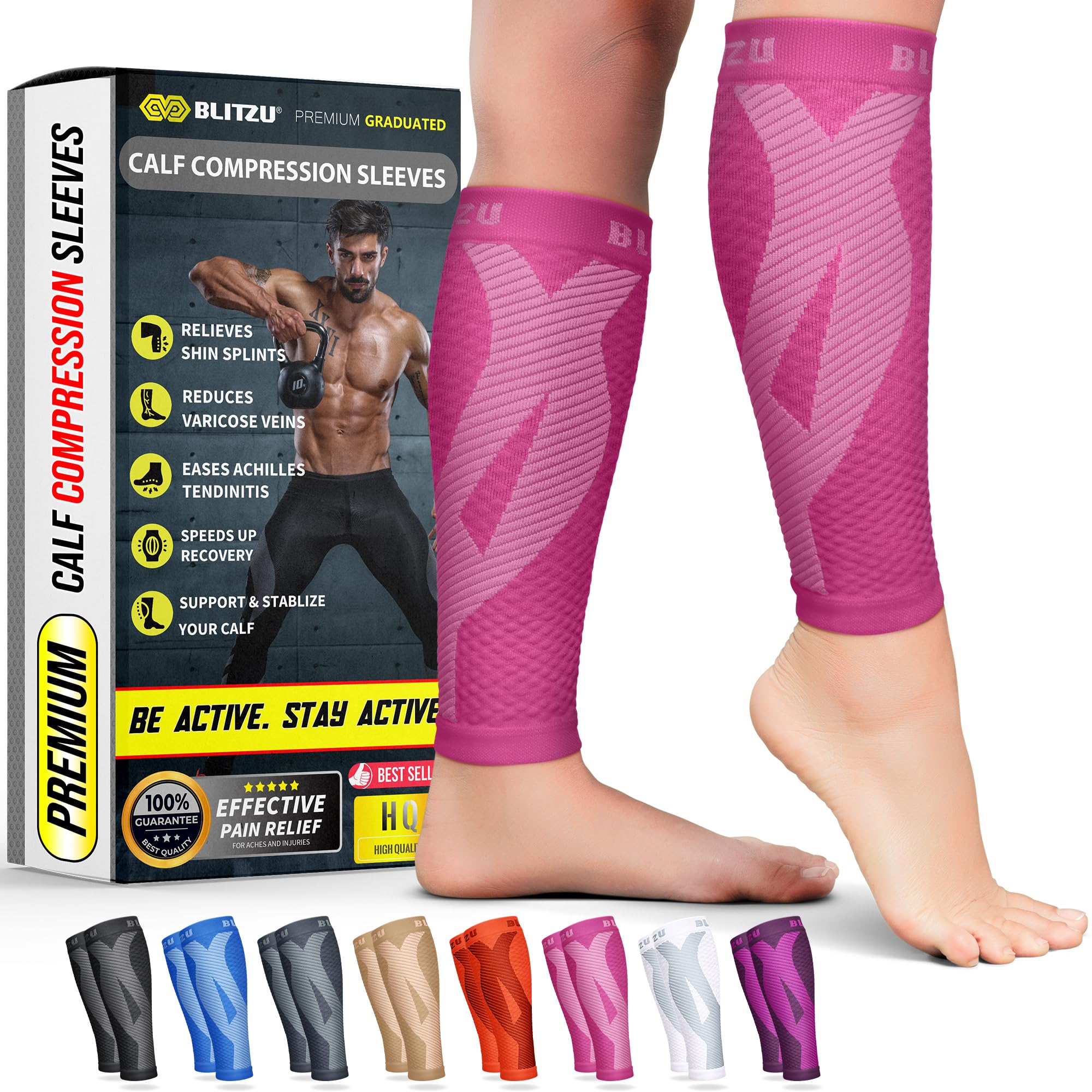 BLITZU Calf Sleeves (1 Pair) Power+ Compression Men and Women Performance Leg Guards. True Graduated Compression. Improves Circulation, Aids Muscle Recovery