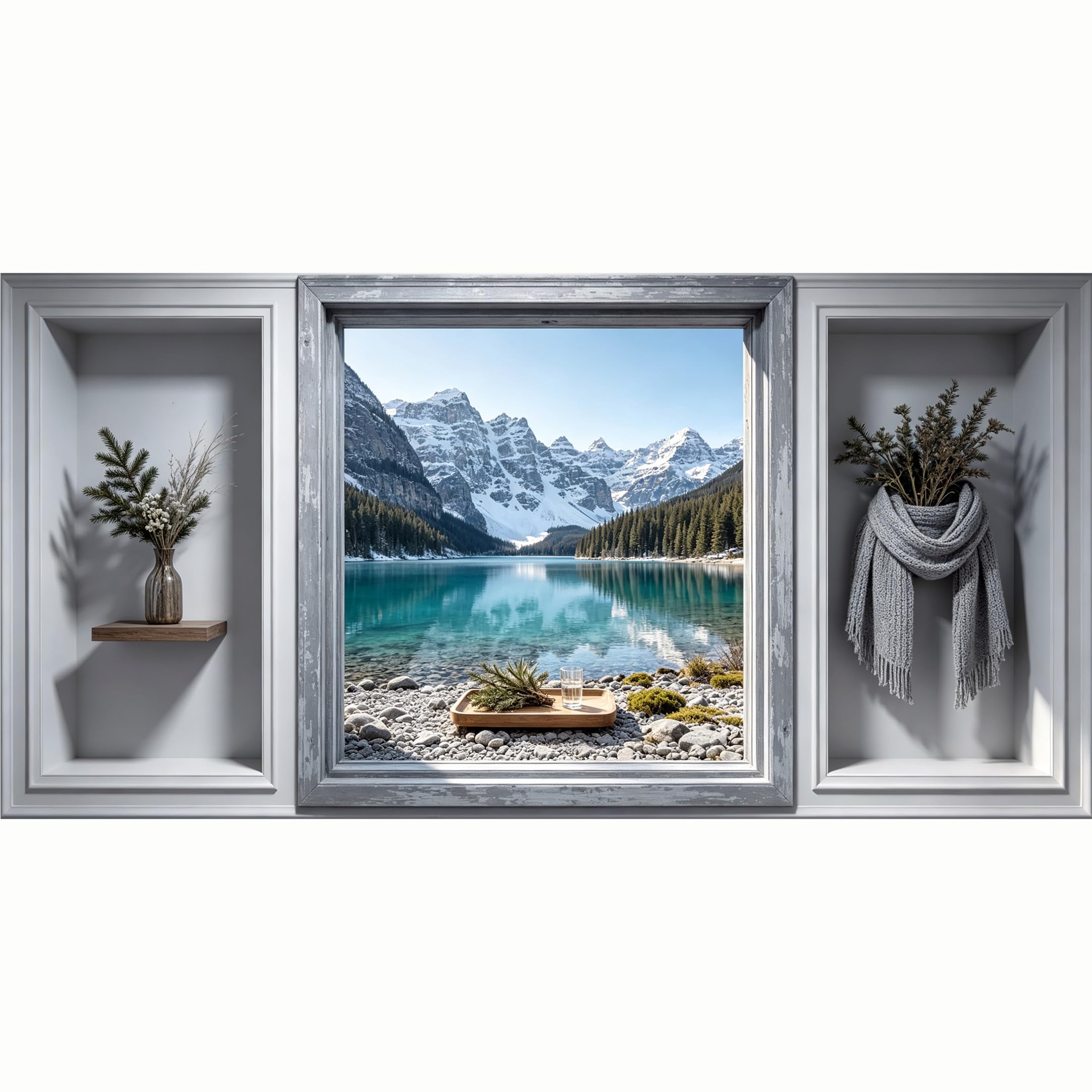 QZLITHOTIC 50x100cm 3D Framed Wall Art， Mountain Lake Landscape Scenery Self‑Adhesive Mural， Water‑Activated Peel & Stick Fabric Decor Wall Decal for Bedroom Living Room