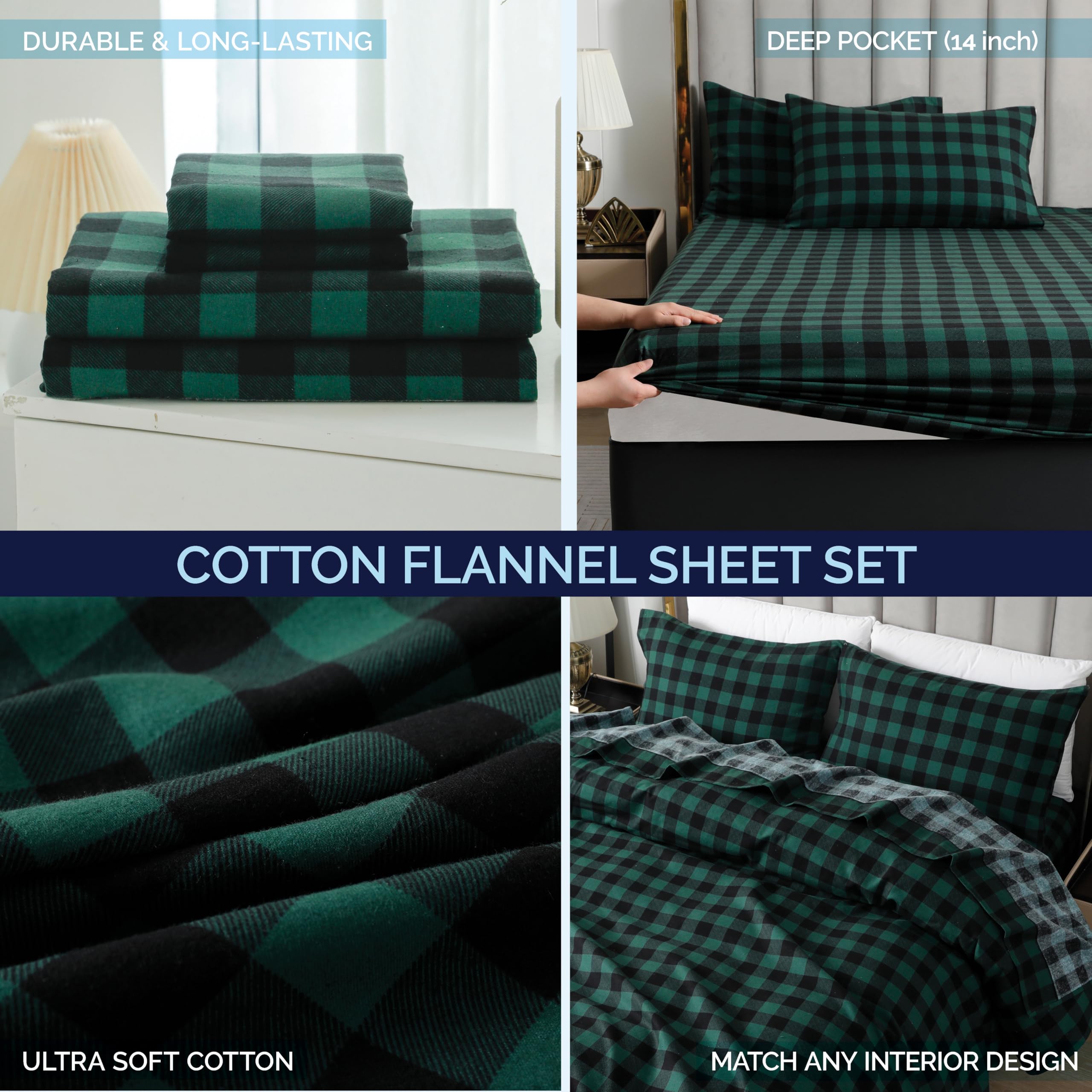 Elegant Comfort Juego de sábanas Suaves de Franela de algodón Turco 100% de 4 Piezas, sábana Bajera con Bolsillos Profundos, ultrasuaves, acogedoras y cálidas, tamaño matrimonial,