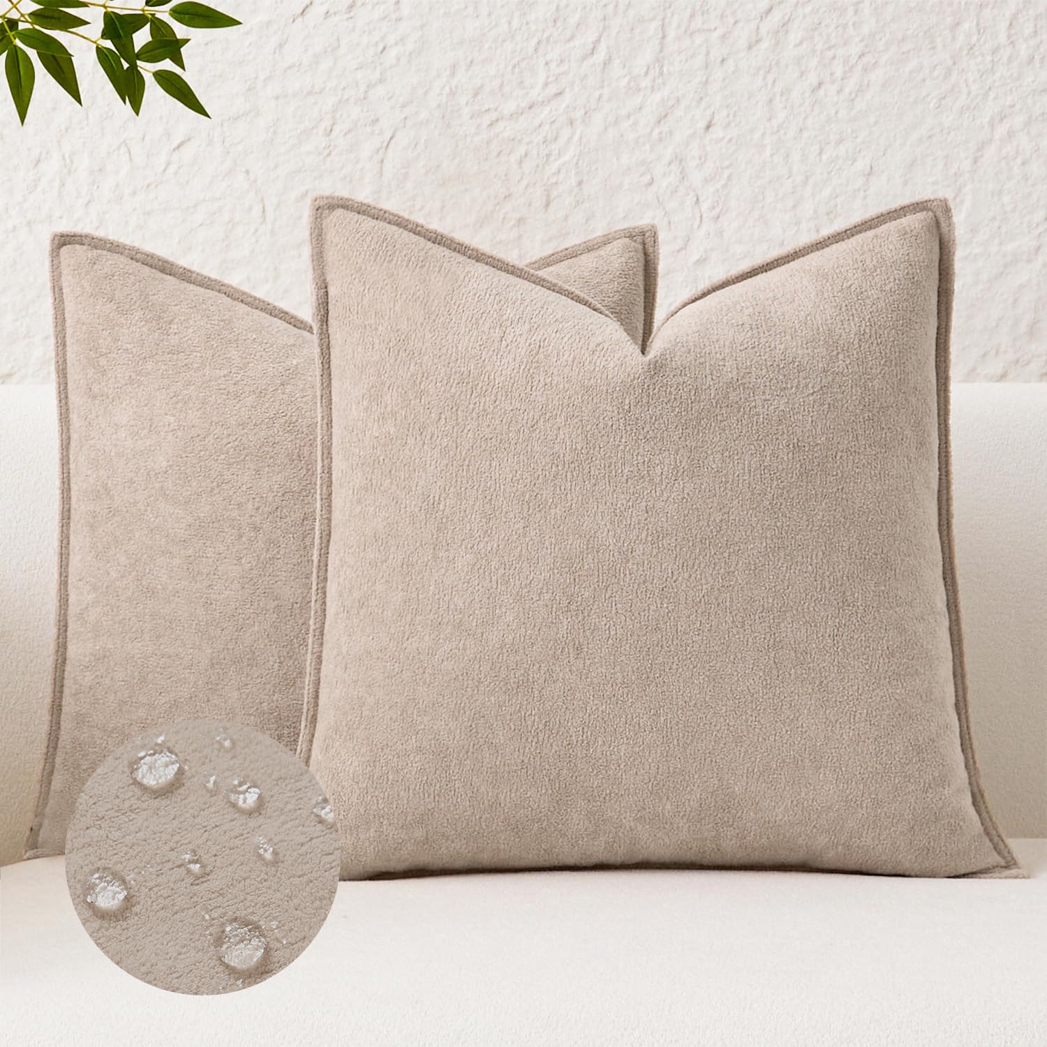 Kevin Textile Waterproof Decorative Pillow Covers Khaki 18x18 Inch Pack of 2 Soft Boucle Textured Throw Pillowcases Elegant Accent Pillows for Couch