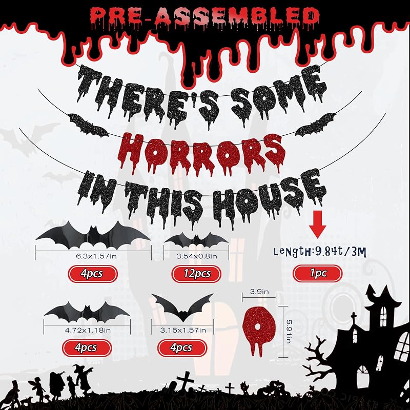 Fufuddz Halloween Decorations Black, Red, Glitter Black, Glitter Red – Pre-strung horror quote banner