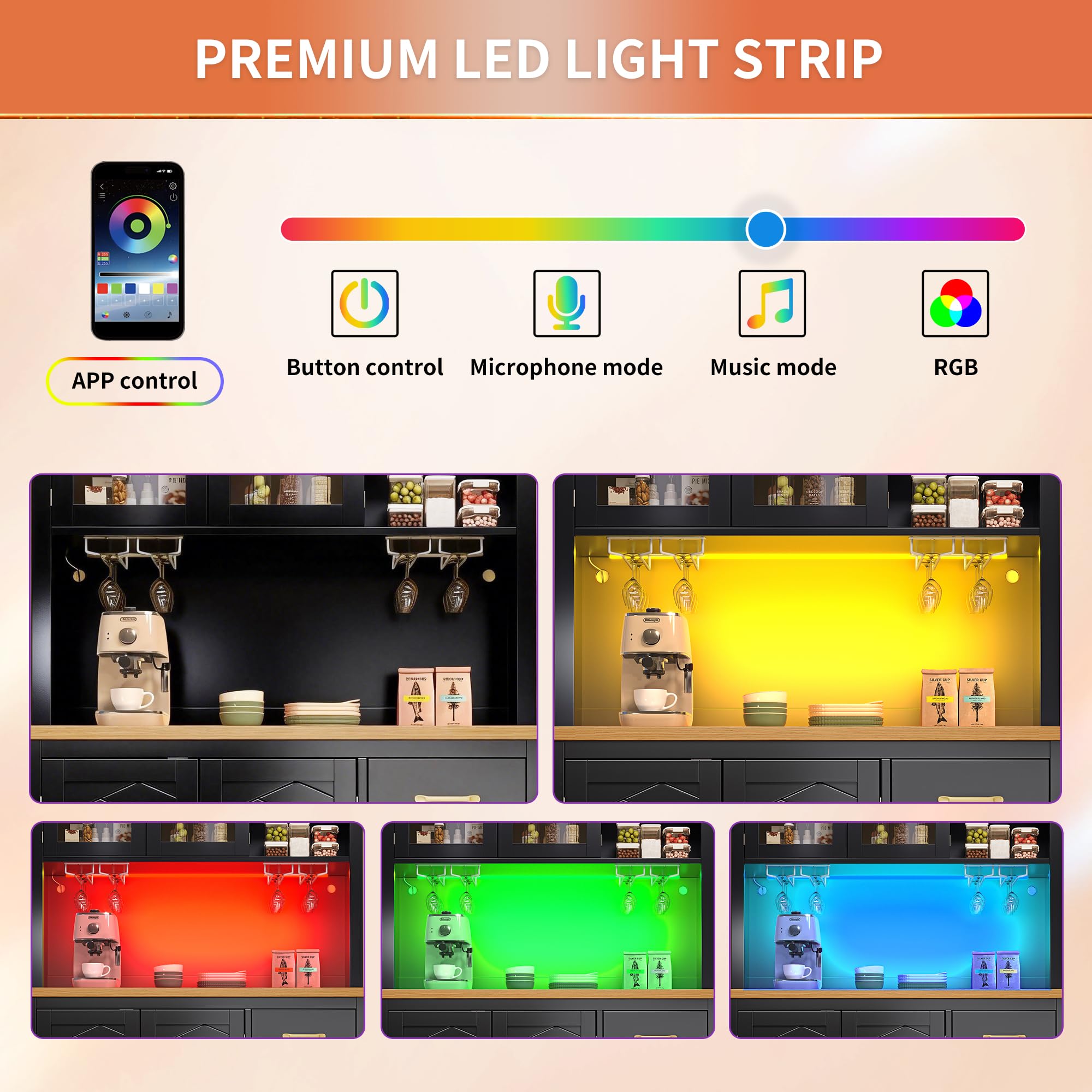 Mobile da cucina a buffet, 105,5 x 40 x 180 cm, stile rustico, 4 ante, con striscia luminosa a LED e porta bevande, verde/nero/bianco