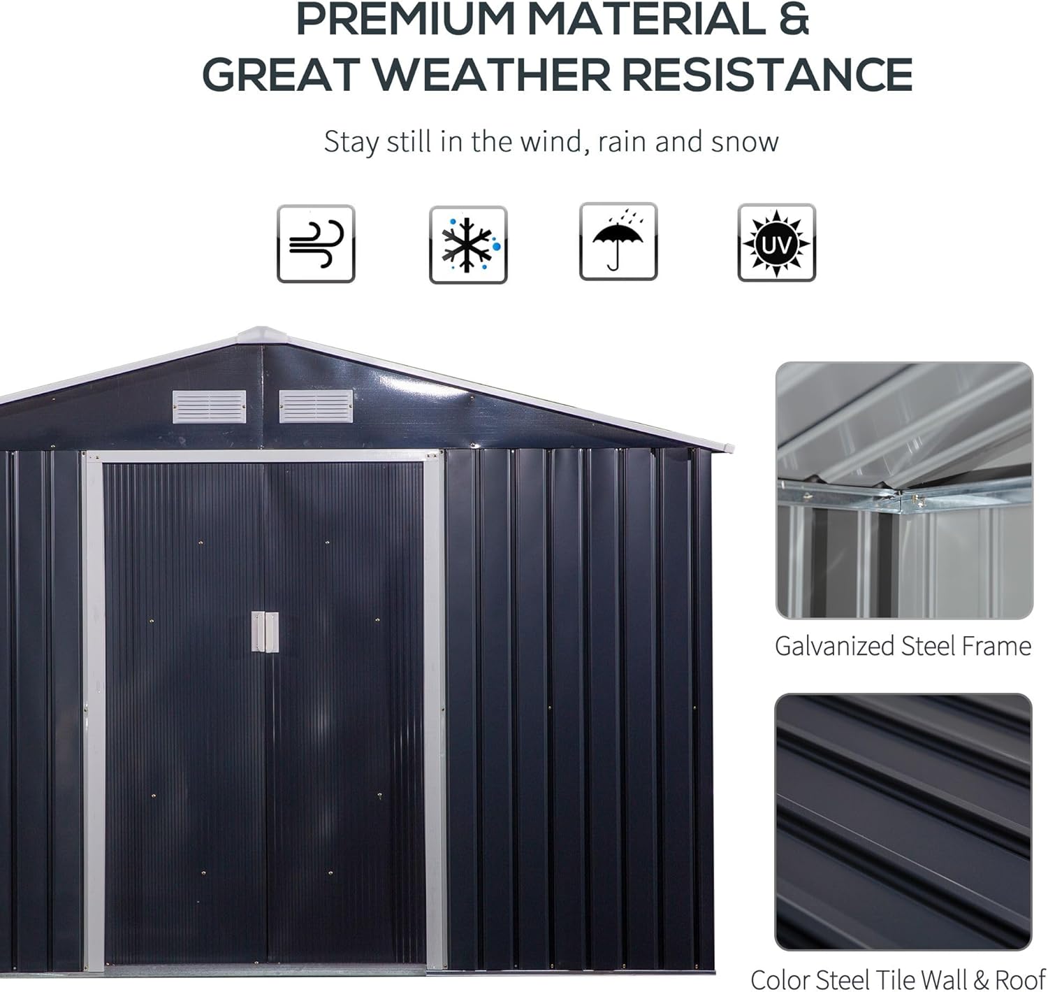 11'x9' Reliable Long-Lasting Steel Storage Shed with Double Sliding Doors and 4 Air Vents for Yard Tool Management Dark Gray