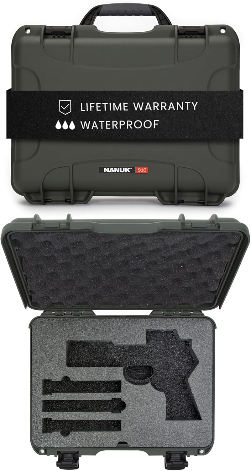 NANUK 910 Hard Case with 2 UP Custom Foam Insert, IP67 Waterproof & Crushproof, Rugged Construction for Ultimate Protection, Made in Canada – Olive (14.3” x 11.1” x 4.7”)