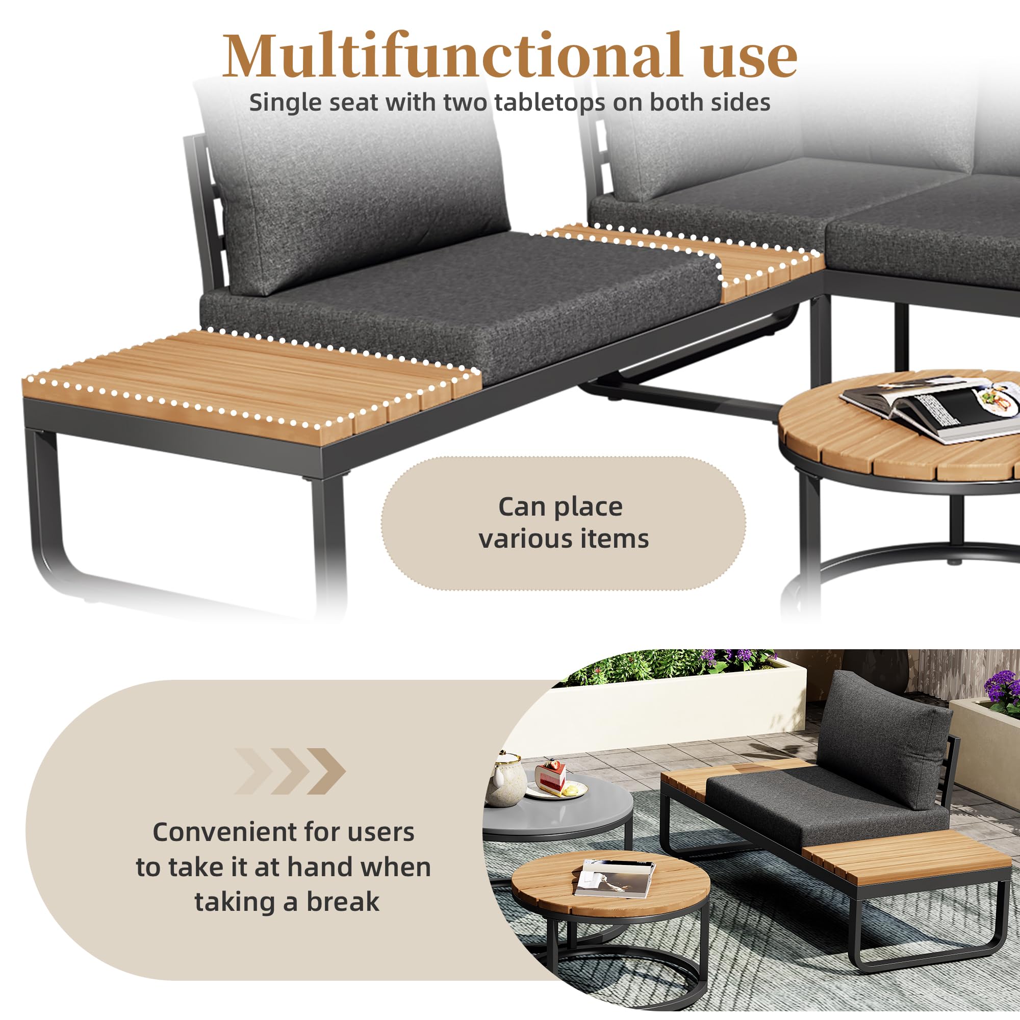 Muebles Jardin Exterior de 5 Piezas con 2 Mesas y Cojín Suave, Sofa Terraza Exterior para 4-5 Personas, Conjunto Jardin Exterior con Patas Ajustables y Mesita Auxiliar, Estructura Metal, Gris