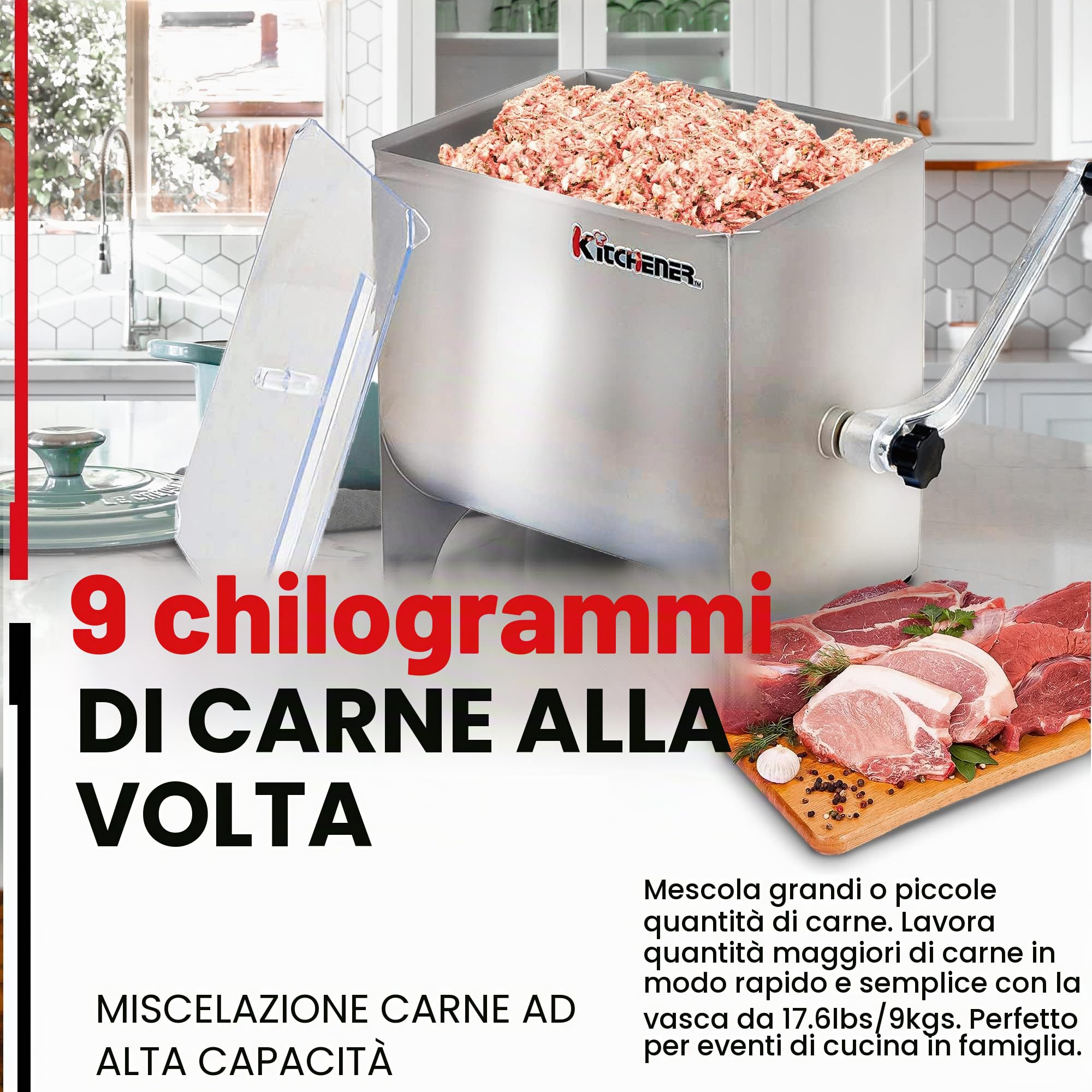 Kitchener heavy duty commercial grade manovella in acciaio inox mixer carne manual | Acciaio inox alimentare Heavy Duty; 4 pale rimovibili e coperchio trasparente, ideale per insaccati e carne condita