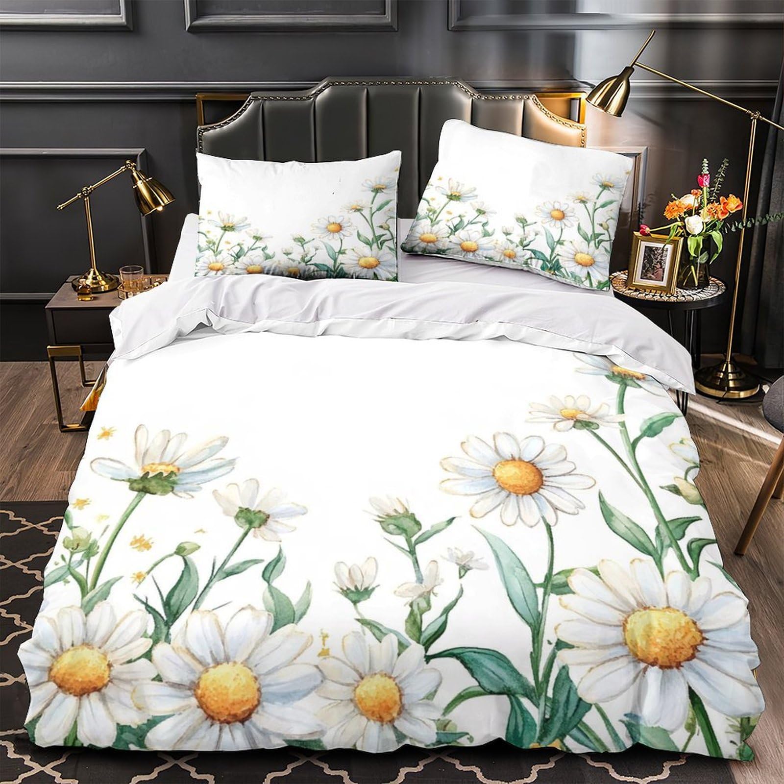 Daisy Flowers Comforter Cover 3D Design Printed Luxury 3 Piece Bedding Set Zipper watercolor Spring Quilt Cover Super Soft Machine Washable for Kids Teens Adults Women Youth Super king（260x220cm）