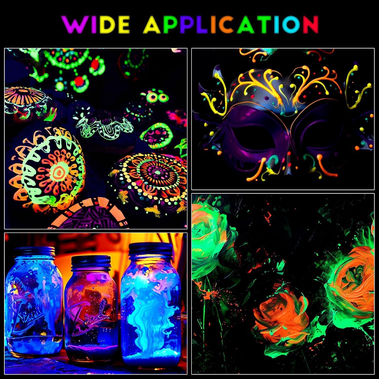 FansArriche Glow in the Dark Paint Bulk, 24 Colors x 20 ml Fabric Paint for Clothes, Canvas, Glasses, Rocks, 3D Neon Acrylic Paint for Christmas Decorations, 2 Pack