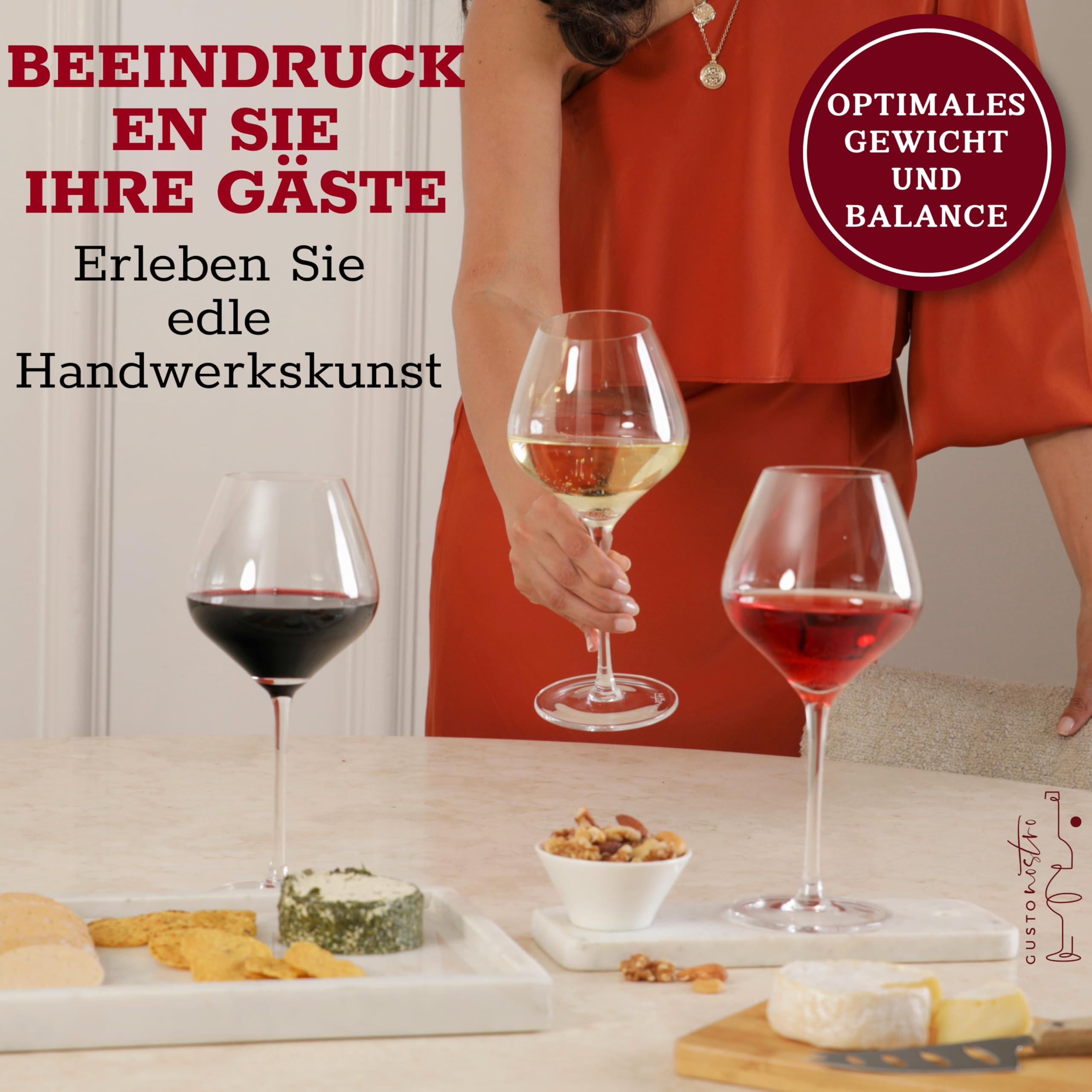 Gusto Nostro Weingläser aus Kristallglas, 6er Weingläser Set, Langer Stiel, Für Rot- und Weißwein, Spülmaschinenfest, Schick, Elegant, Groß und Hoch, für Hochzeiten, Weihnachten, Jubiläen (650 ml)