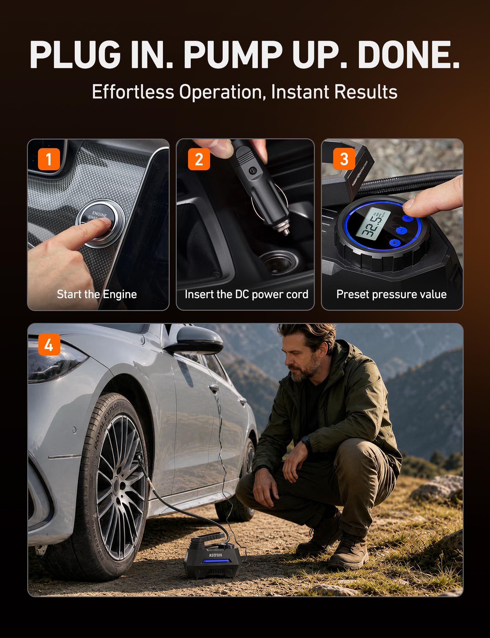 AstroAI AIRUN H Tire Inflator Portable Air Compressor, 12V DC Tire Inflator, Auto Shut-Off with Digital Pressure Gauge & LED Light, Fast Inflation for Car, Motorcycle, Bike Tires, 9.8Ft Cord, Blue view 7