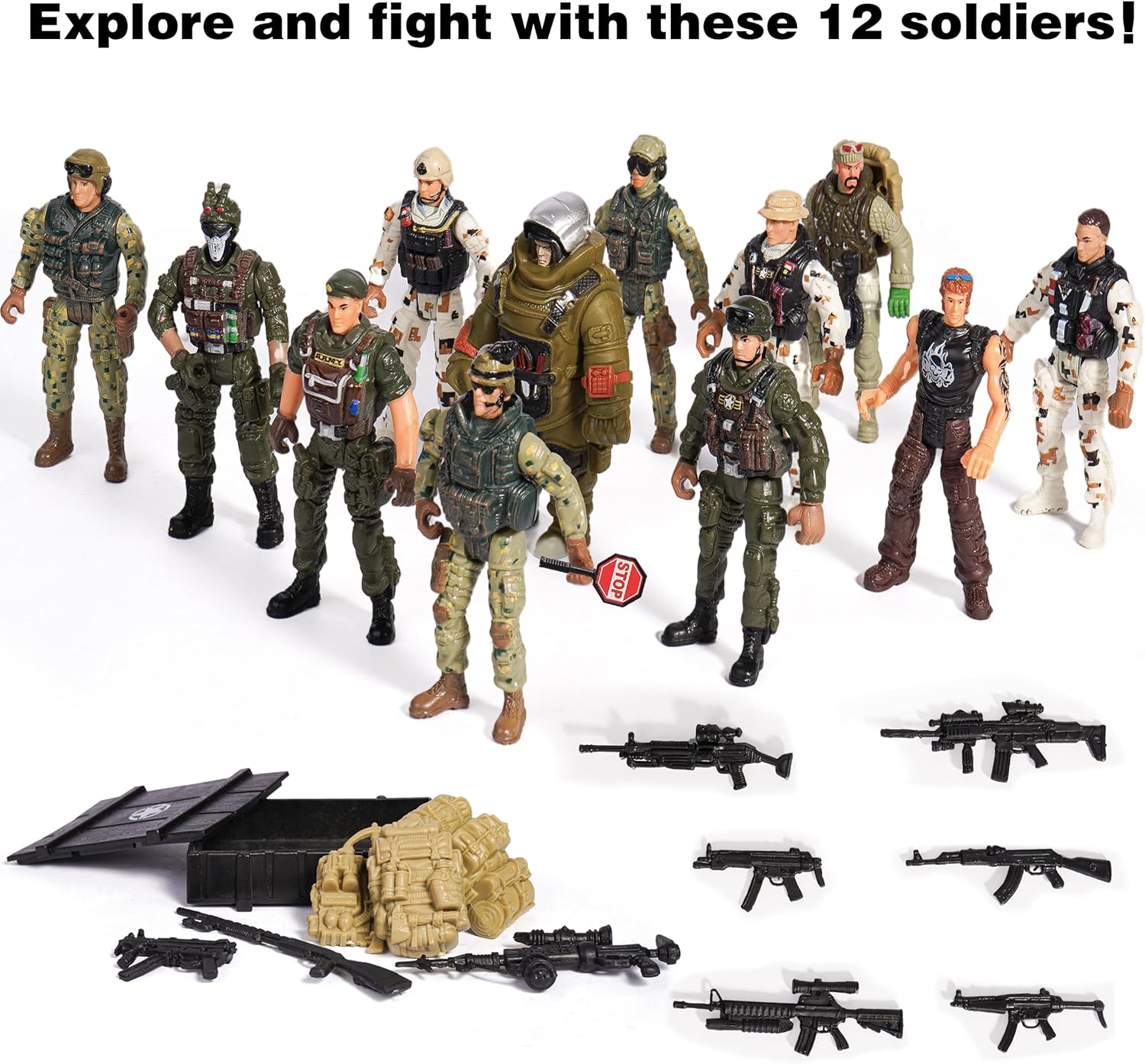 XDUOYJOY Military Toys with 12 Realistic Army Men Action Figures and Weapon Gear Accessories, Army Toys Soldiers for Boys Girls Gift