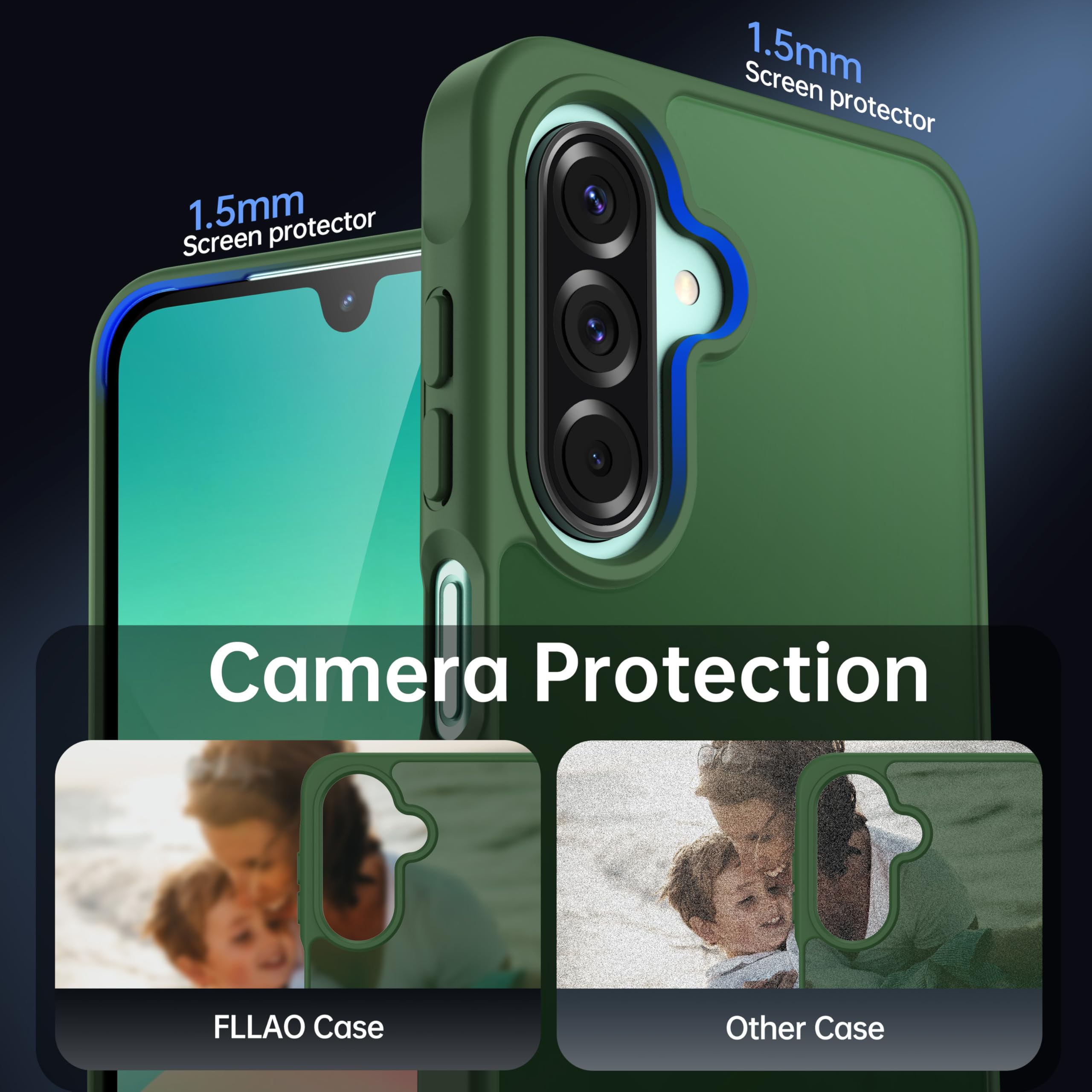 FLLAO Opaca Cover Compatibile con Samsung Galaxy A26 5G con 2 Vetro Temperato, [Della Fotocamera Protezione] Anticaduta Antiurto Anti-Graffio Hard PC Glassata Traslucida Custodia Verde Scuro