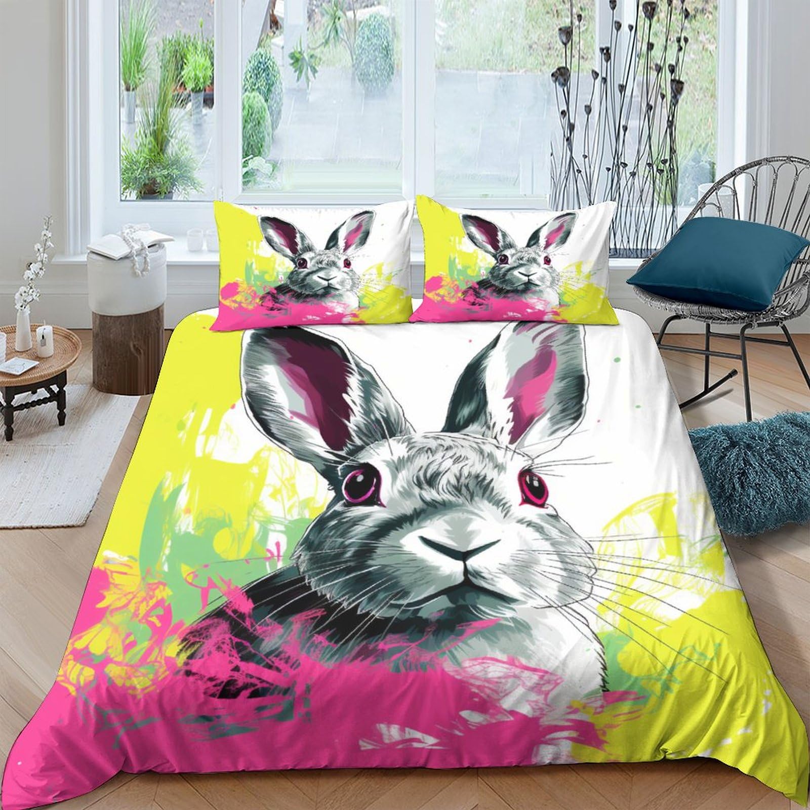 Funda de edredón de conejo 3D con cremallera práctica y fundas de almohada de microfibra