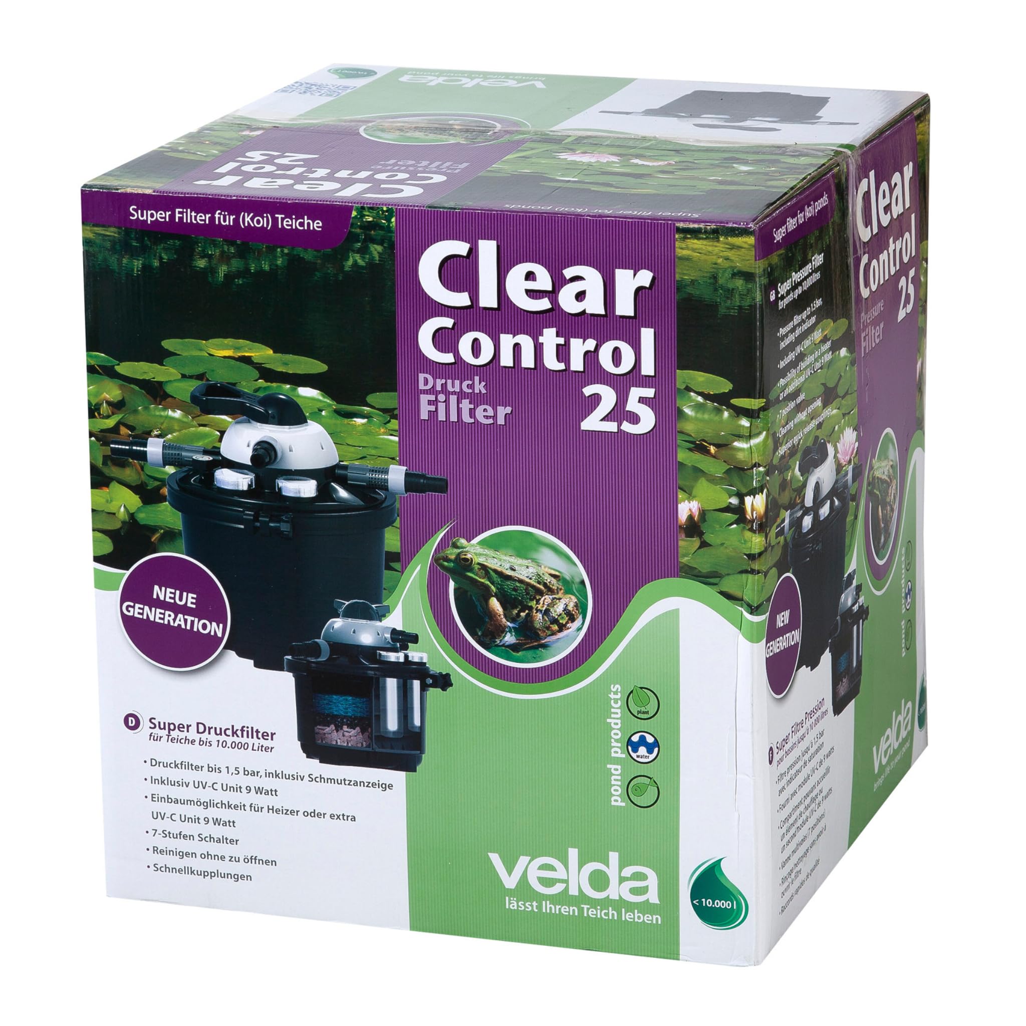 Velda 126310 - Filtro de presión para estanques de hasta 10.000 litros Incl. 9 vatios UV-c, Clara de Control 25 UV-c,