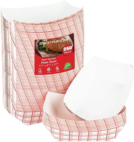 Miniatura 1 de Botes pequeños de papel para alimentos (paquete de 250) bandejas desechables de papel a cuadros rojos y blancos de 1 libra, bandejas de papel