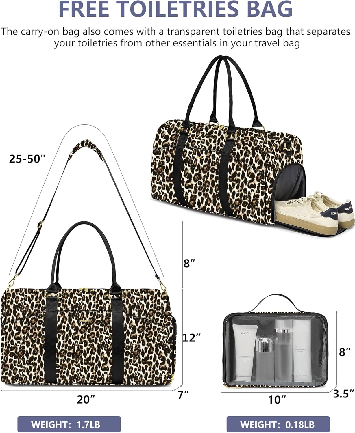 Women Weekender Travel Duffle Bag: Travel Duffel Overnight Bags with Shoe Compartment Large Carry on Tote with Toiletry Bag Weekend Traveling Yoga Gym Hospital Bag for Women with Wet Pocket Cheetah - Image 5