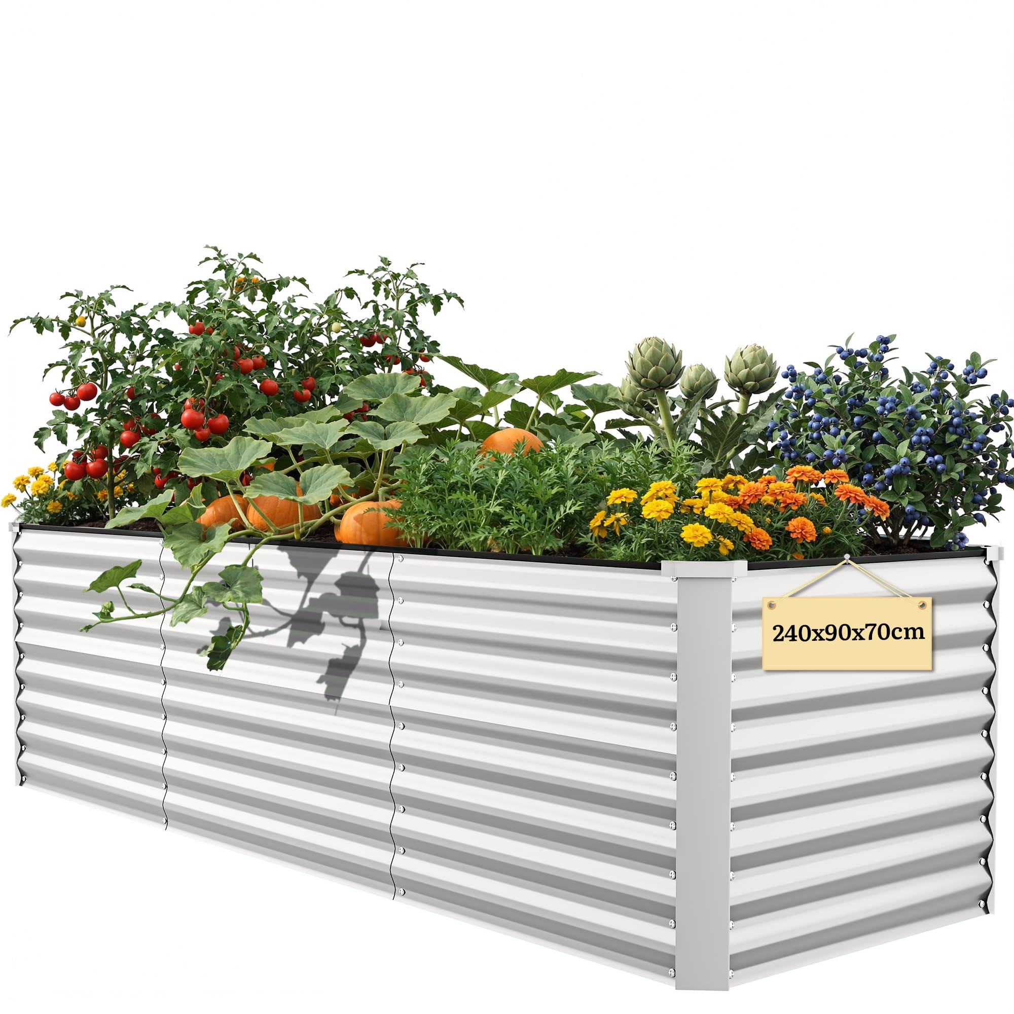 DWVO Raised Beds for Garden,1512L Raised bed Metal,0.35mm Galvanised Steel galvanised planter with Safety Edging&4pcs Support Rod for Garden Vegetables Fruit(S 240X90X70CM)